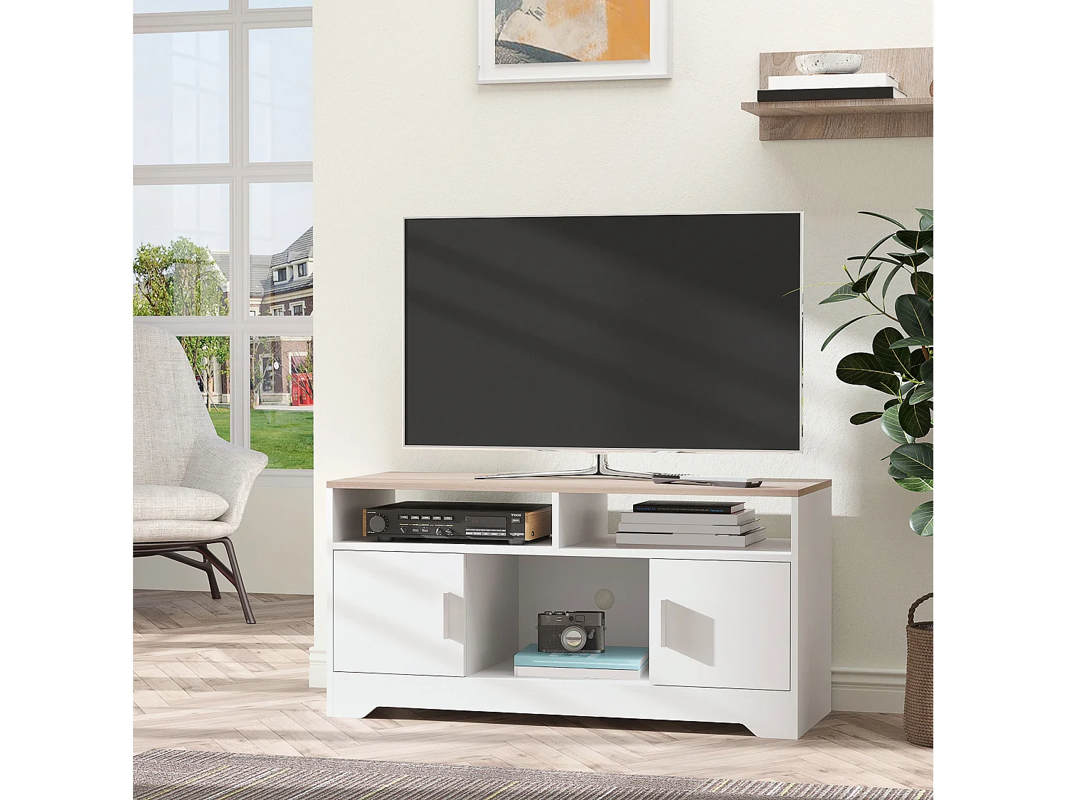 Meuble TV Banc TV en Bois Grand Espace de Rangement avec 2 Compartiments Ouverts 2 Armoires à Porte Une Armoire Ouverte 105 x 40 x 52 cm Blanc