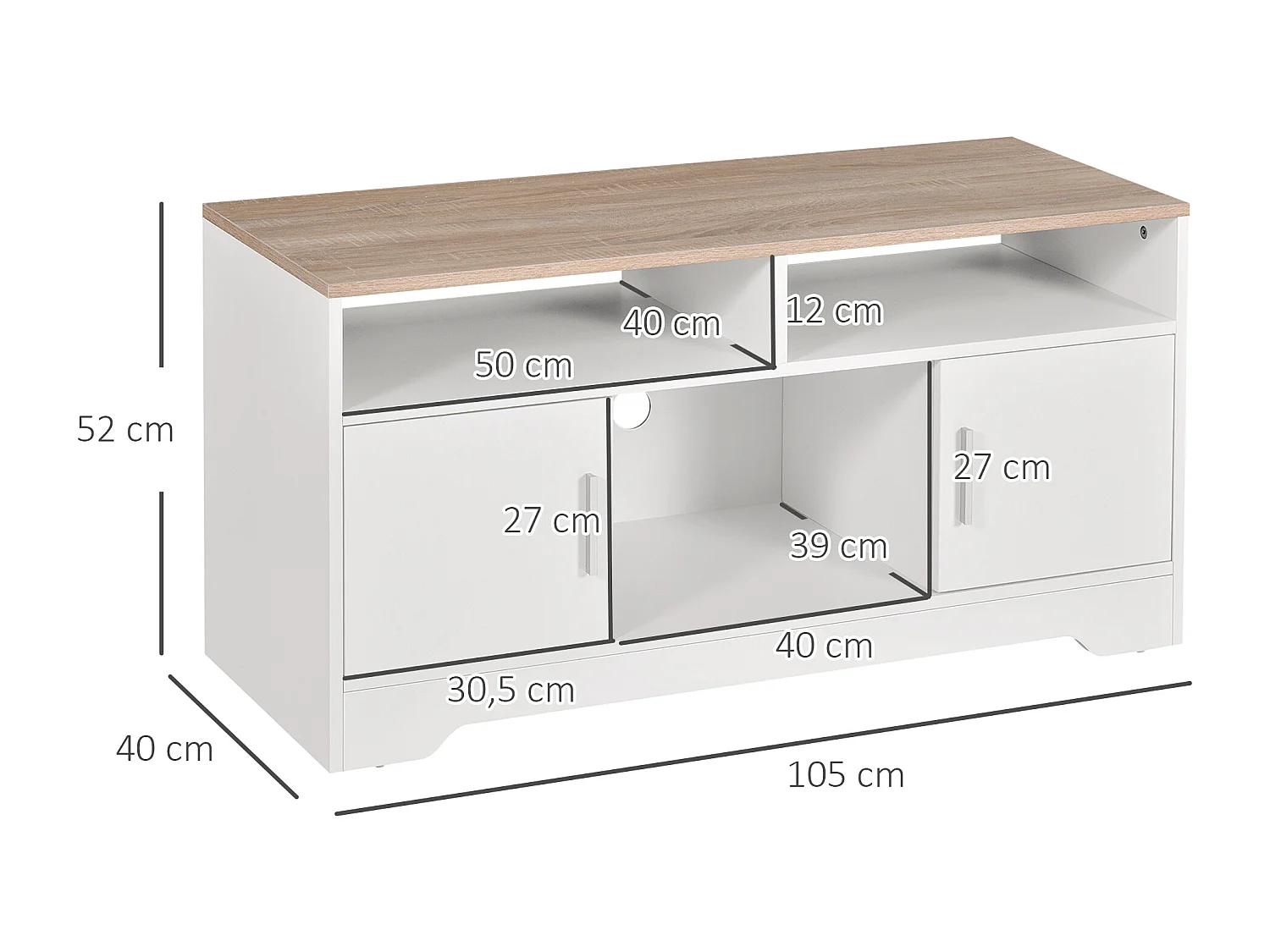 Meuble TV Banc TV en Bois Grand Espace de Rangement avec 2 Compartiments Ouverts 2 Armoires à Porte Une Armoire Ouverte 105 x 40 x 52 cm Blanc