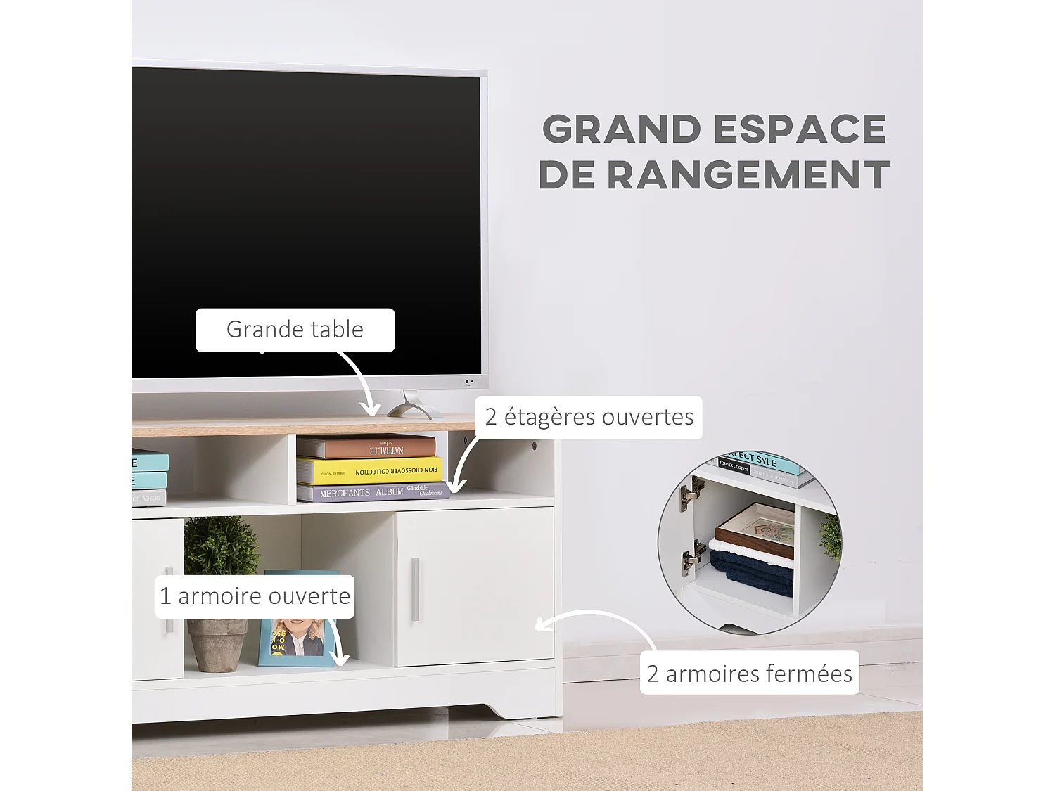 Meuble TV Banc TV en Bois Grand Espace de Rangement avec 2 Compartiments Ouverts 2 Armoires à Porte Une Armoire Ouverte 105 x 40 x 52 cm Blanc
