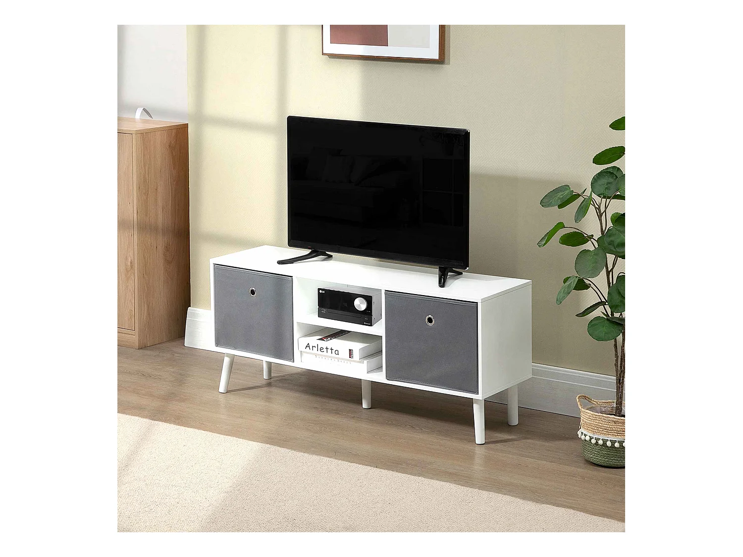 Meuble TV banc TV style contemporain - 2 niches, 2 paniers, passe-câbles, grand plateau - dim. 110L x 29l x 46H cm - MDF pin blanc non tissé gris
