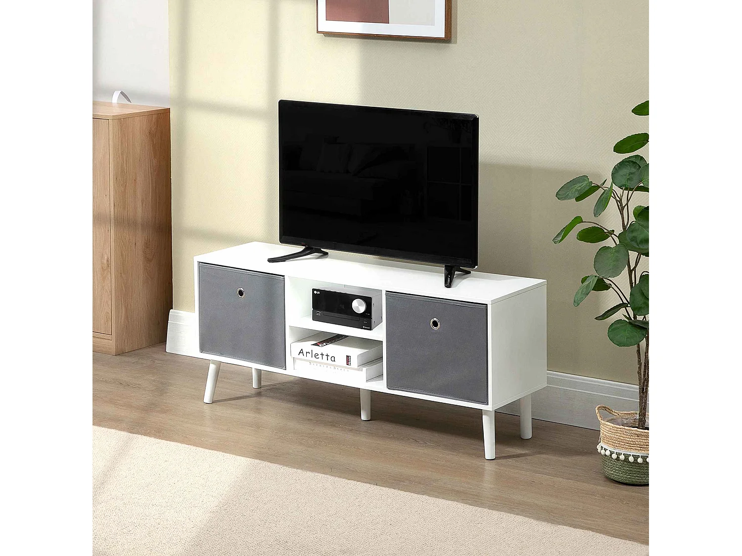 Meuble TV banc TV style contemporain - 2 niches, 2 paniers, passe-câbles, grand plateau - dim. 110L x 29l x 46H cm - MDF pin blanc non tissé gris