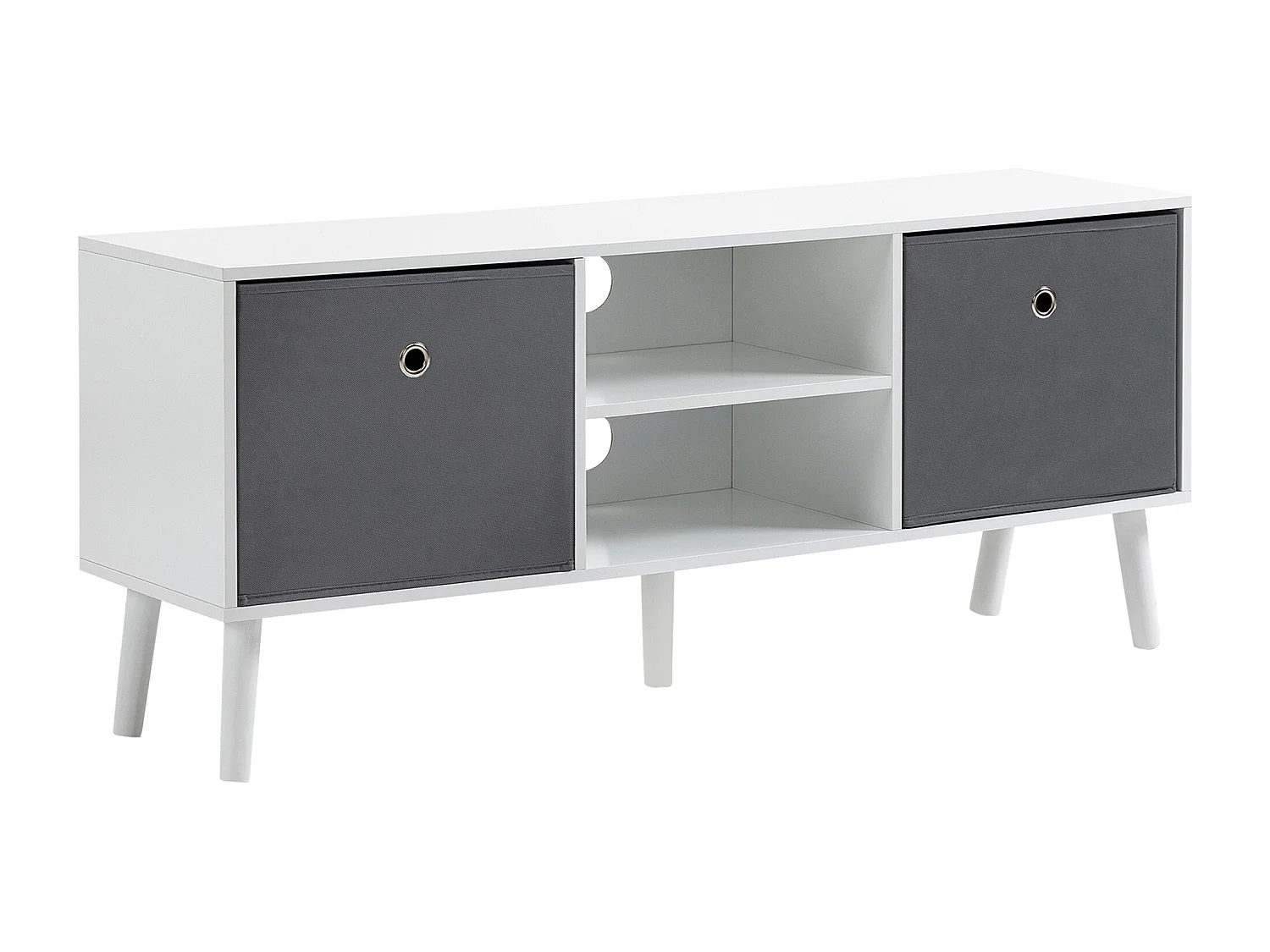 Meuble TV banc TV style contemporain - 2 niches, 2 paniers, passe-câbles, grand plateau - dim. 110L x 29l x 46H cm - MDF pin blanc non tissé gris