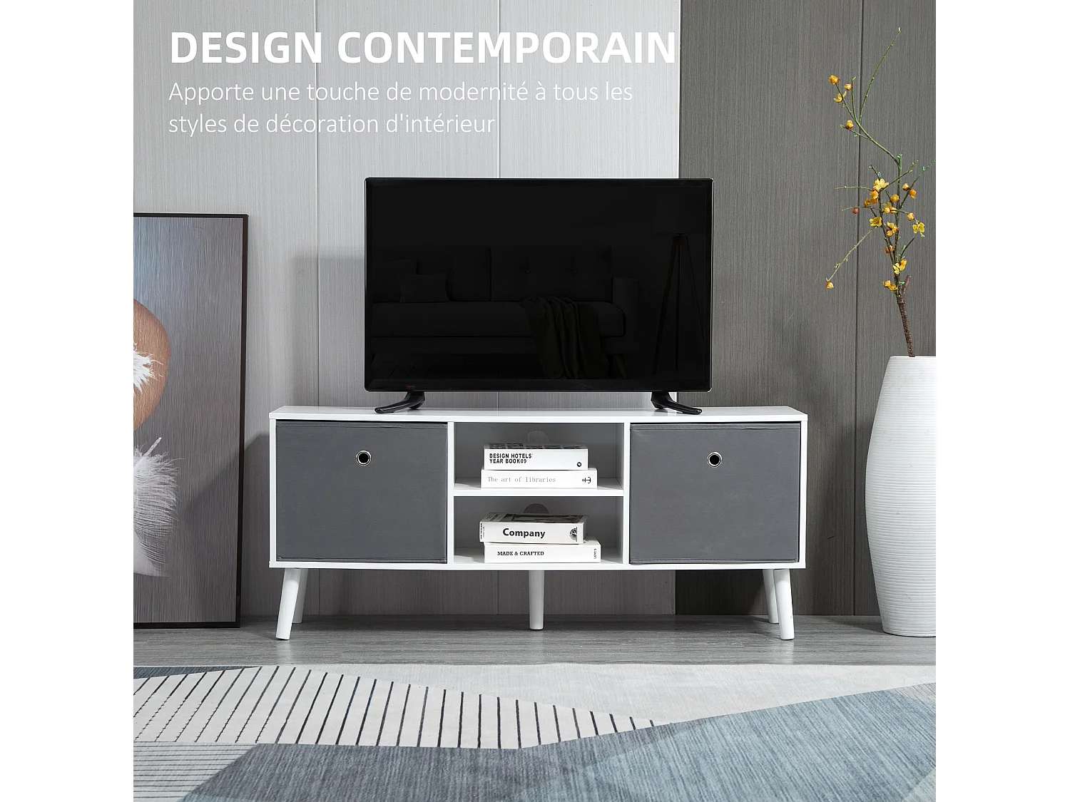 Meuble TV banc TV style contemporain - 2 niches, 2 paniers, passe-câbles, grand plateau - dim. 110L x 29l x 46H cm - MDF pin blanc non tissé gris