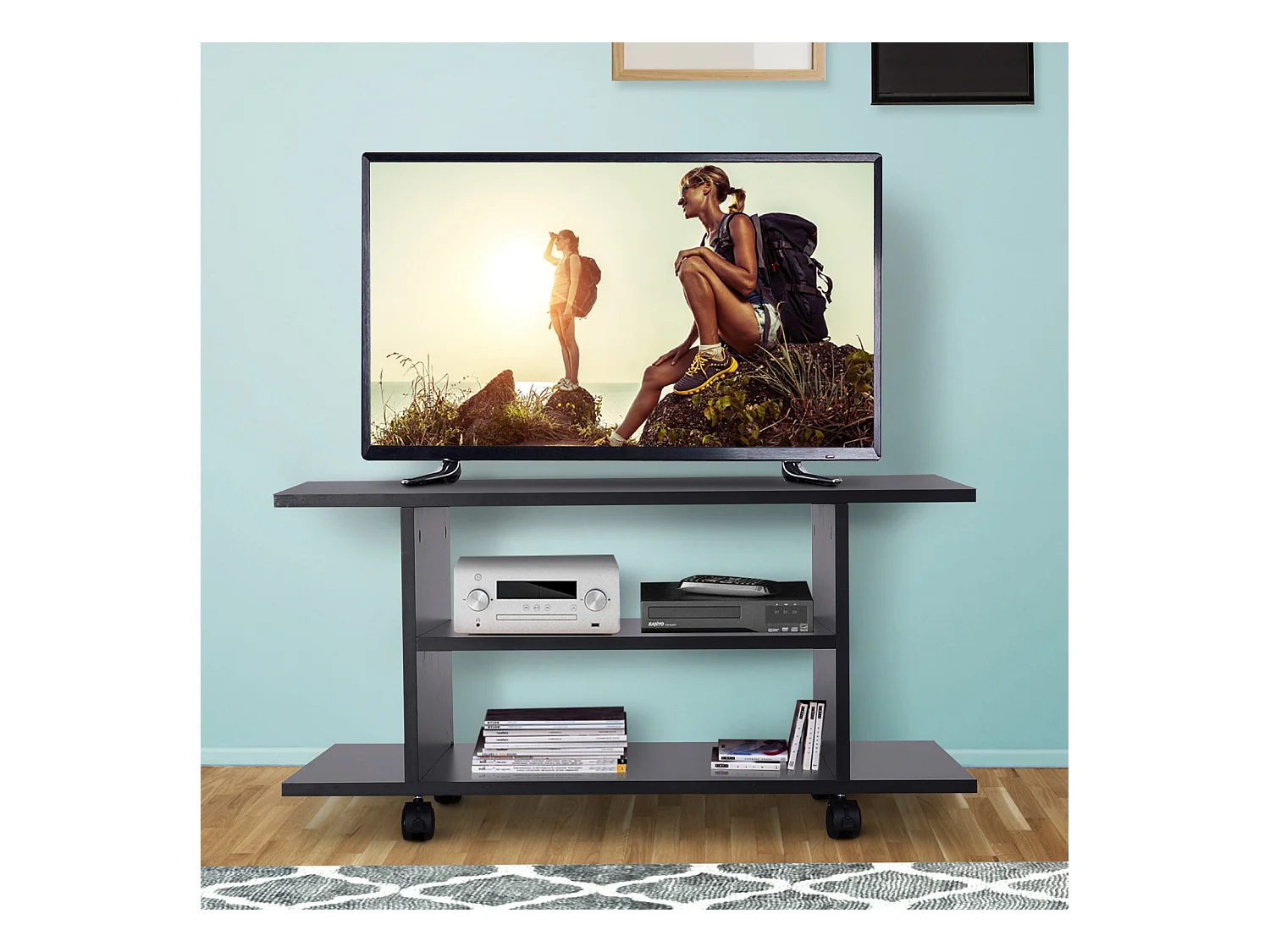 Meuble tv bas table basse a roulettes en panneaux de particules noir