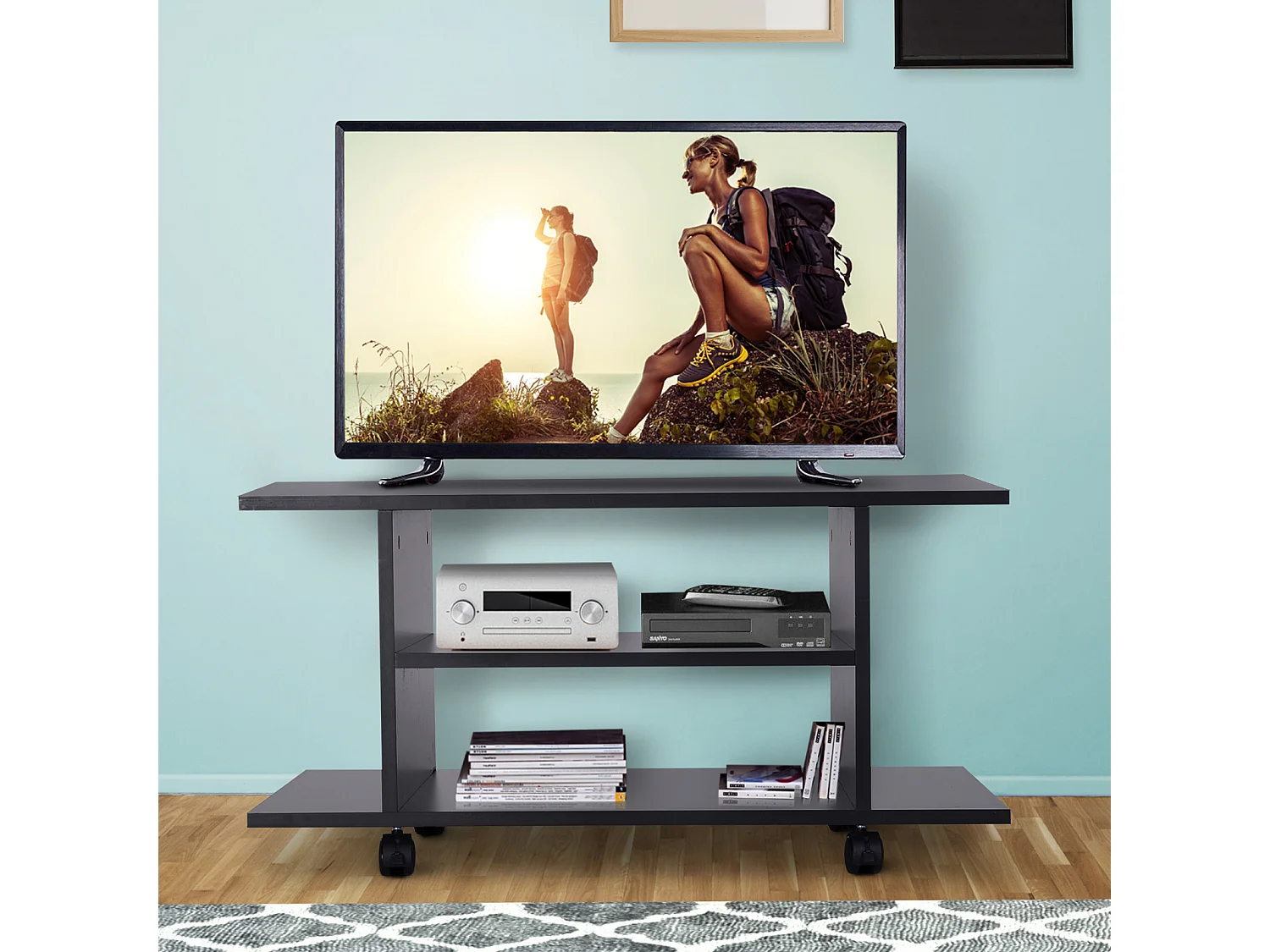 Meuble tv bas table basse a roulettes en panneaux de particules noir