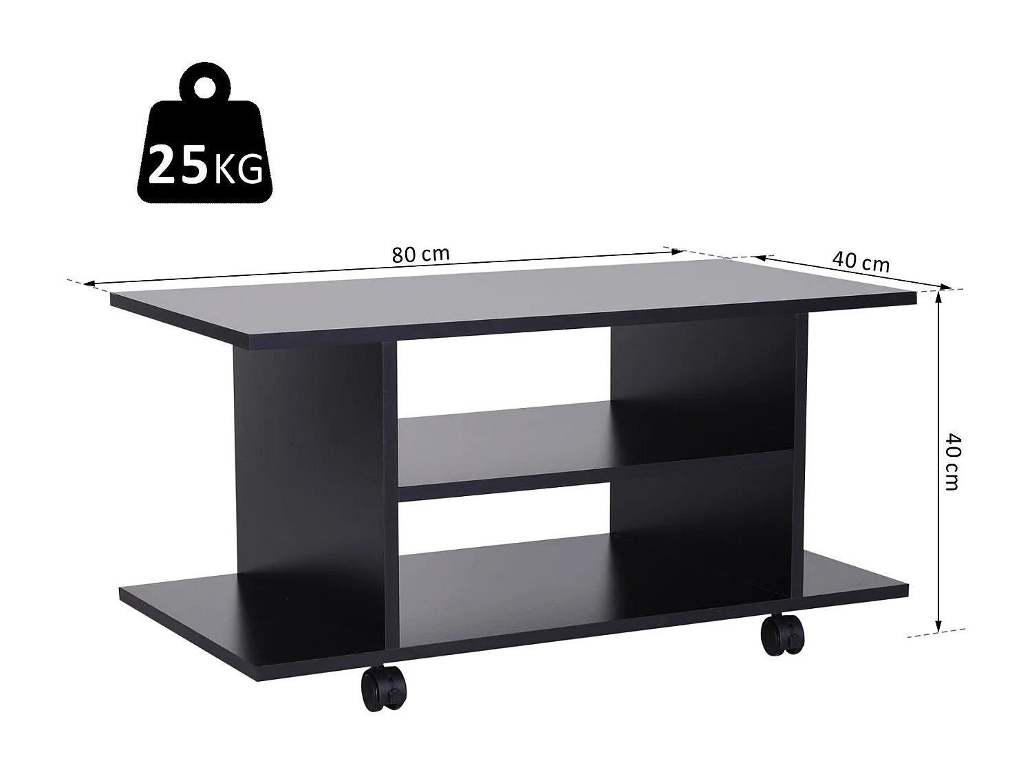Meuble tv bas table basse a roulettes en panneaux de particules noir