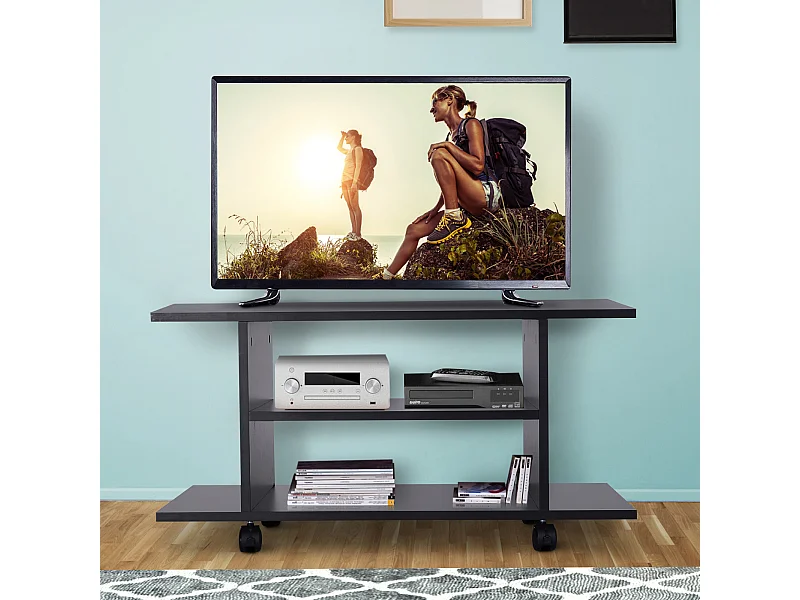 Meuble tv bas table basse a roulettes en panneaux de particules noir