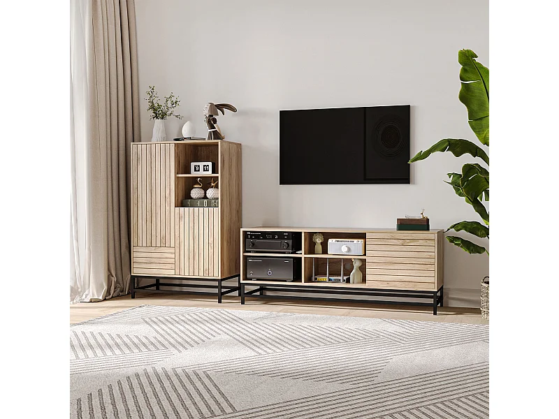 Meuble TV banc TV design Urban Craft - porte, étagère, 4 niches - piètement acier noir - MDF aspect bois clair
