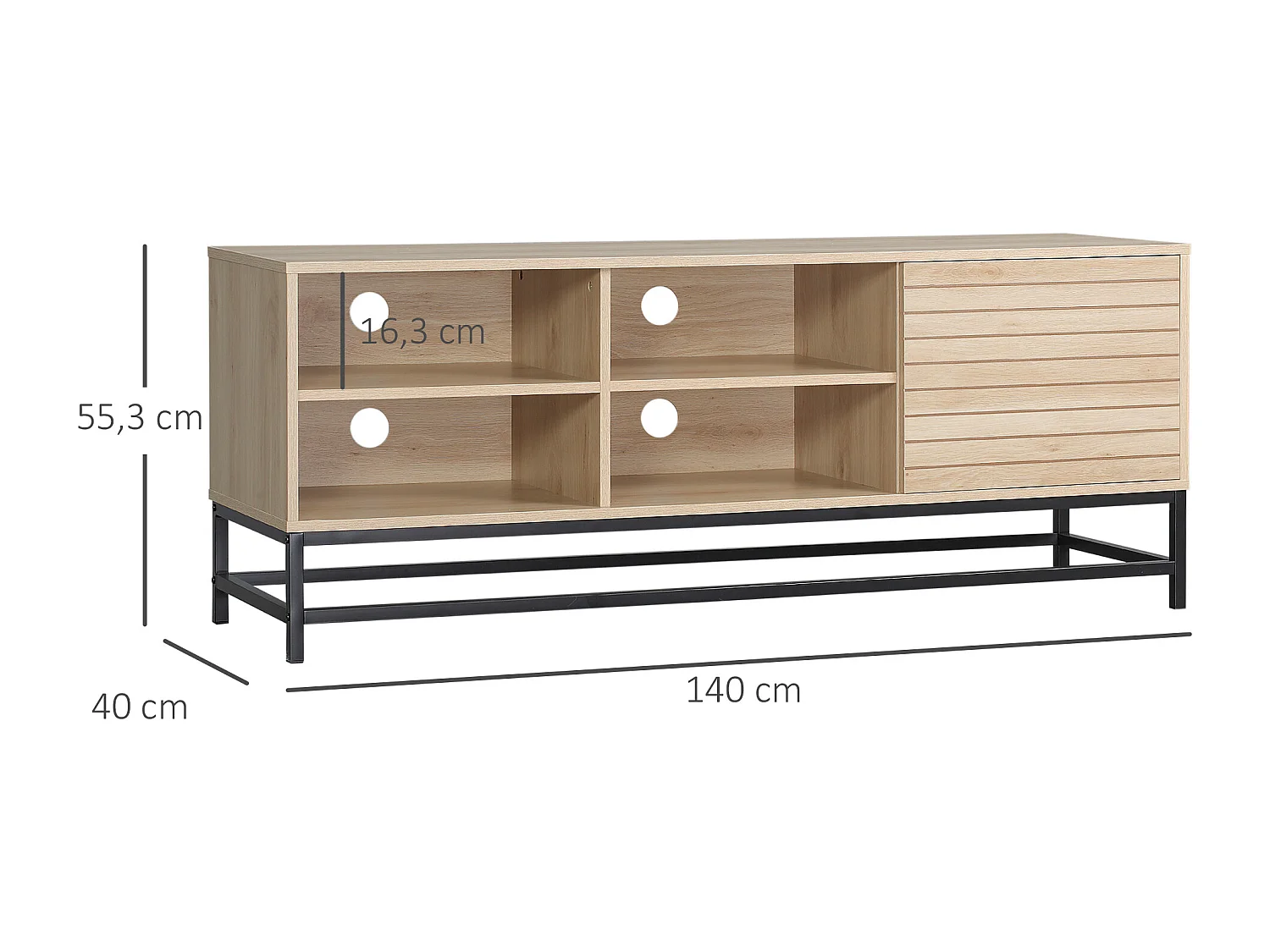 Meuble TV banc TV design Urban Craft - porte, étagère, 4 niches - piètement acier noir - MDF aspect bois clair