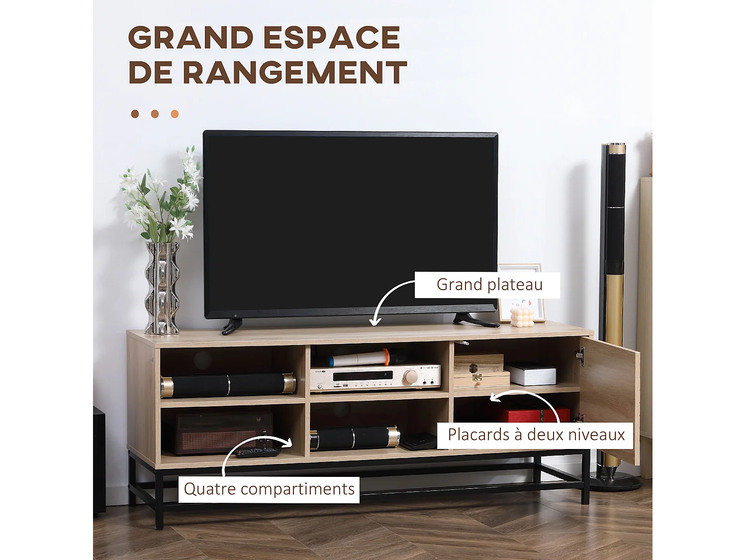 Meuble TV banc TV design Urban Craft - porte, étagère, 4 niches - piètement acier noir - MDF aspect bois clair