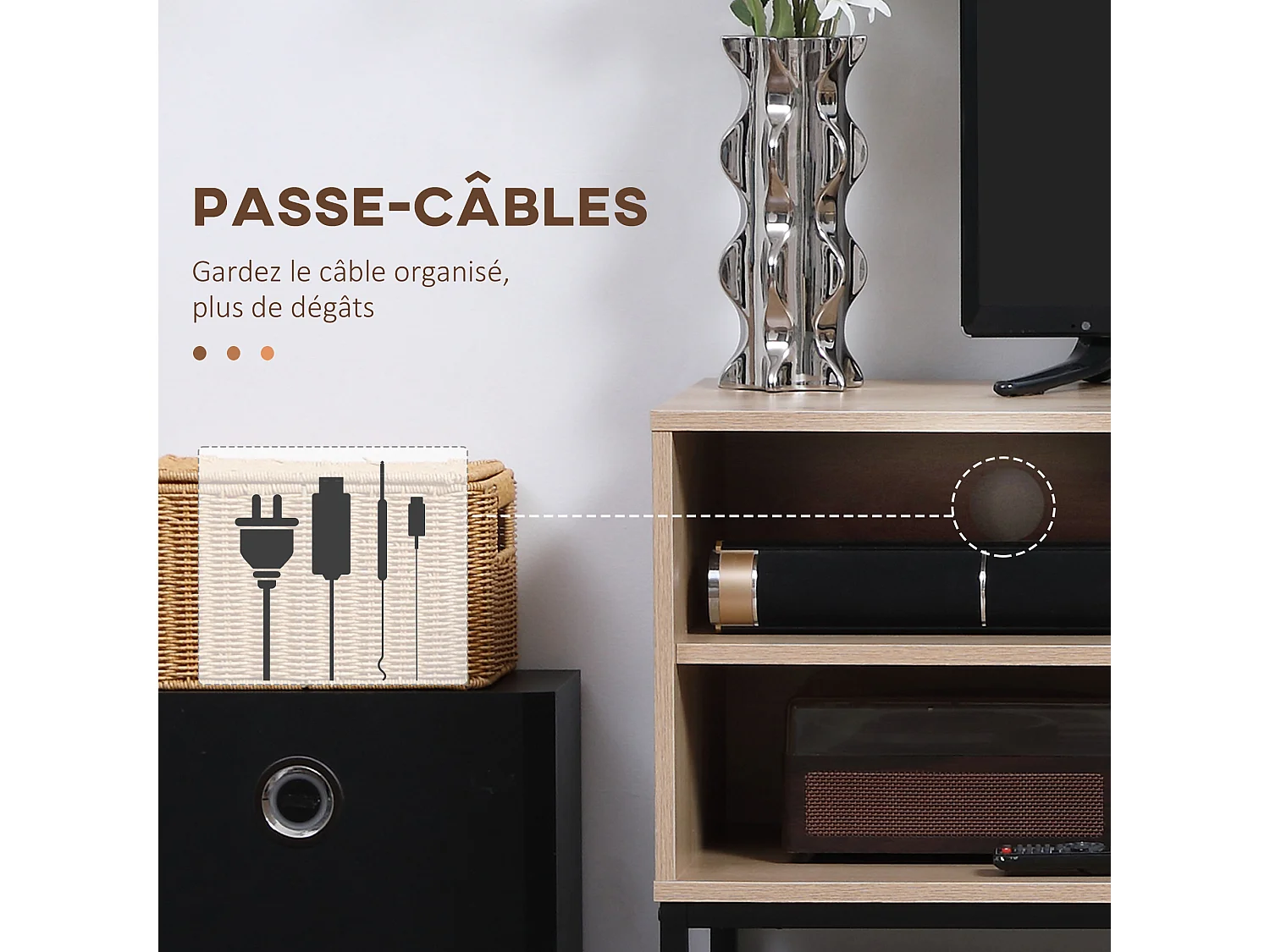 Meuble TV banc TV design Urban Craft - porte, étagère, 4 niches - piètement acier noir - MDF aspect bois clair