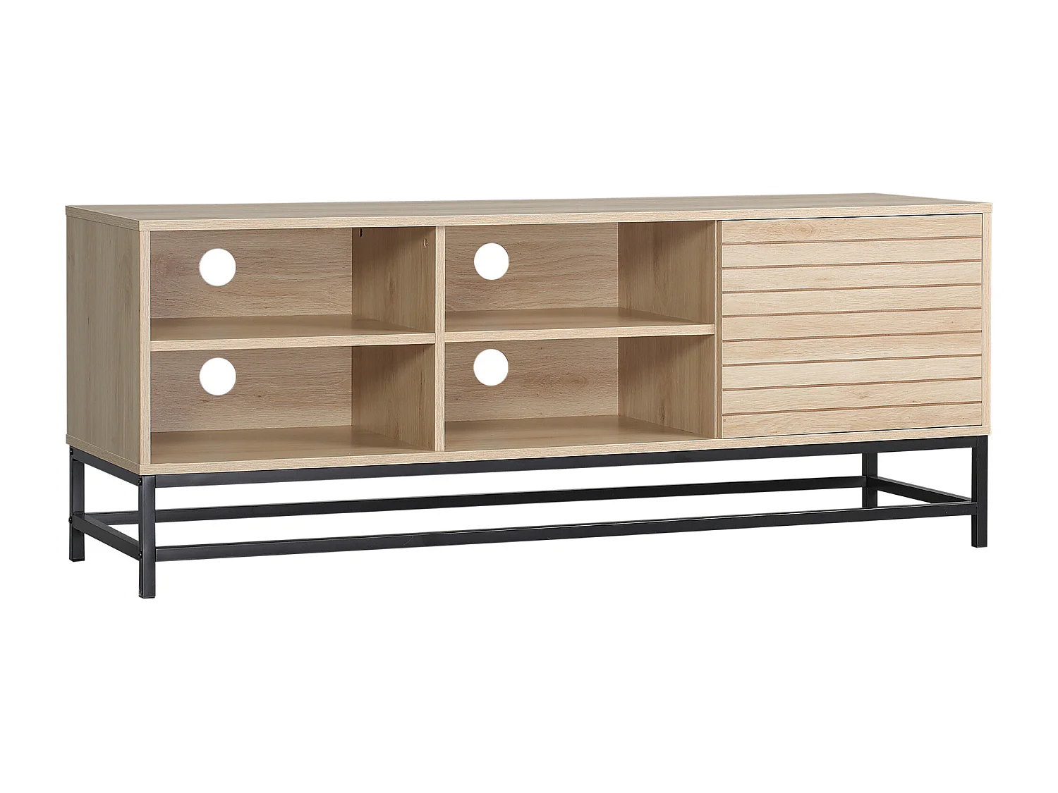 Meuble TV banc TV design Urban Craft - porte, étagère, 4 niches - piètement acier noir - MDF aspect bois clair