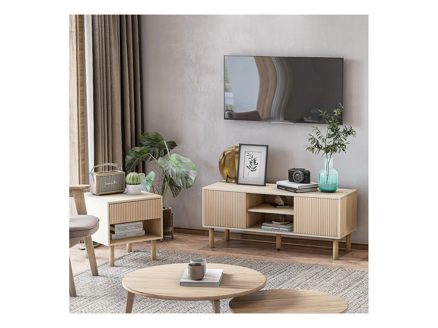 Meuble TV banc TV design Urban Craft - 2 portes coulissantes, 2 niches - piètement cylindrique - panneaux particules aspect bois clair