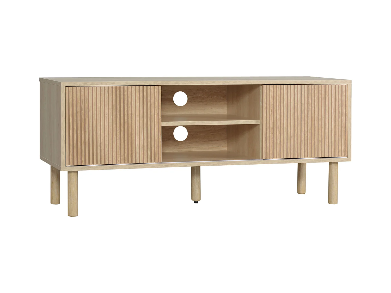 Meuble TV banc TV design Urban Craft - 2 portes coulissantes, 2 niches - piètement cylindrique - panneaux particules aspect bois clair