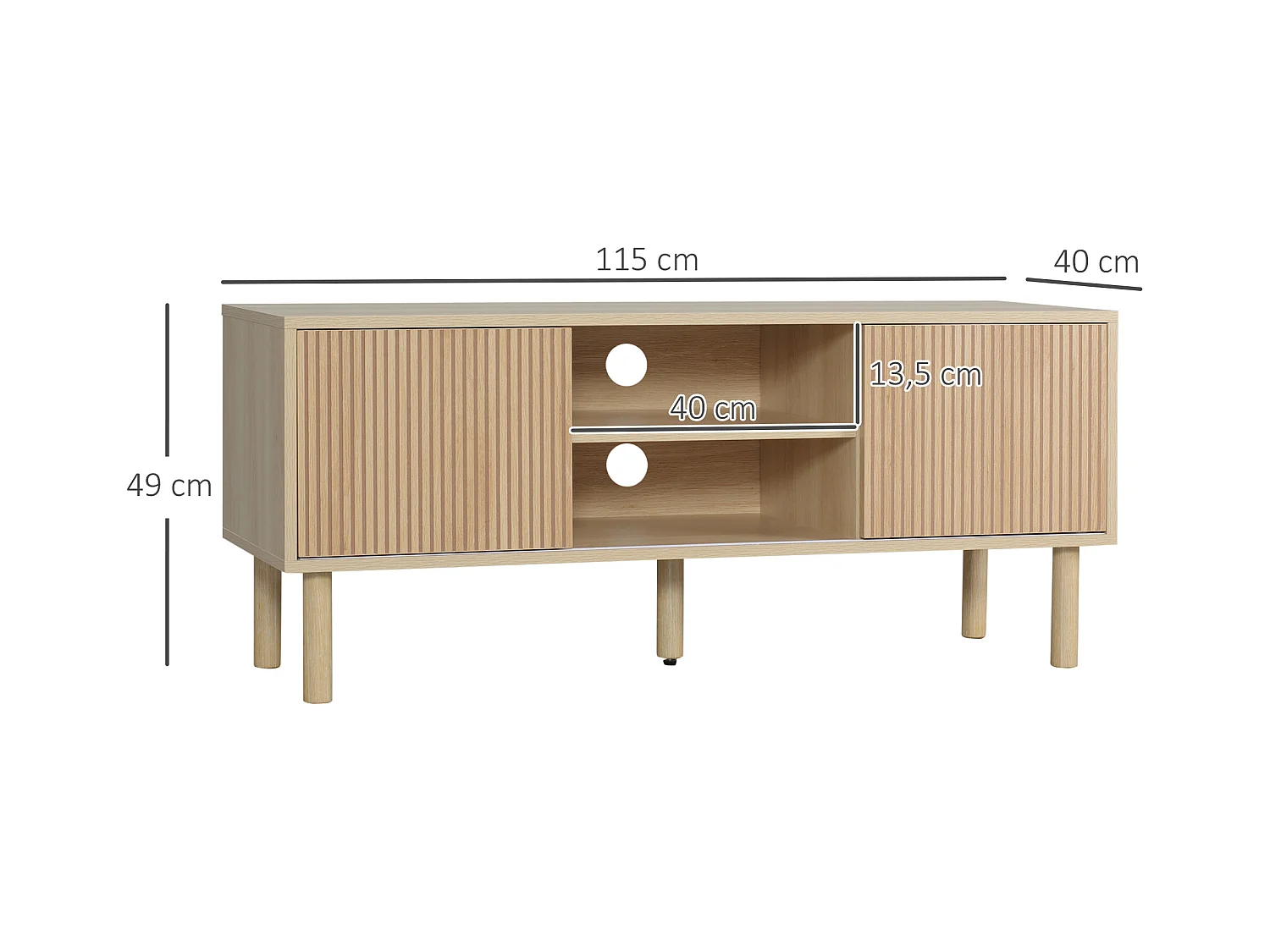 Meuble TV banc TV design Urban Craft - 2 portes coulissantes, 2 niches - piètement cylindrique - panneaux particules aspect bois clair