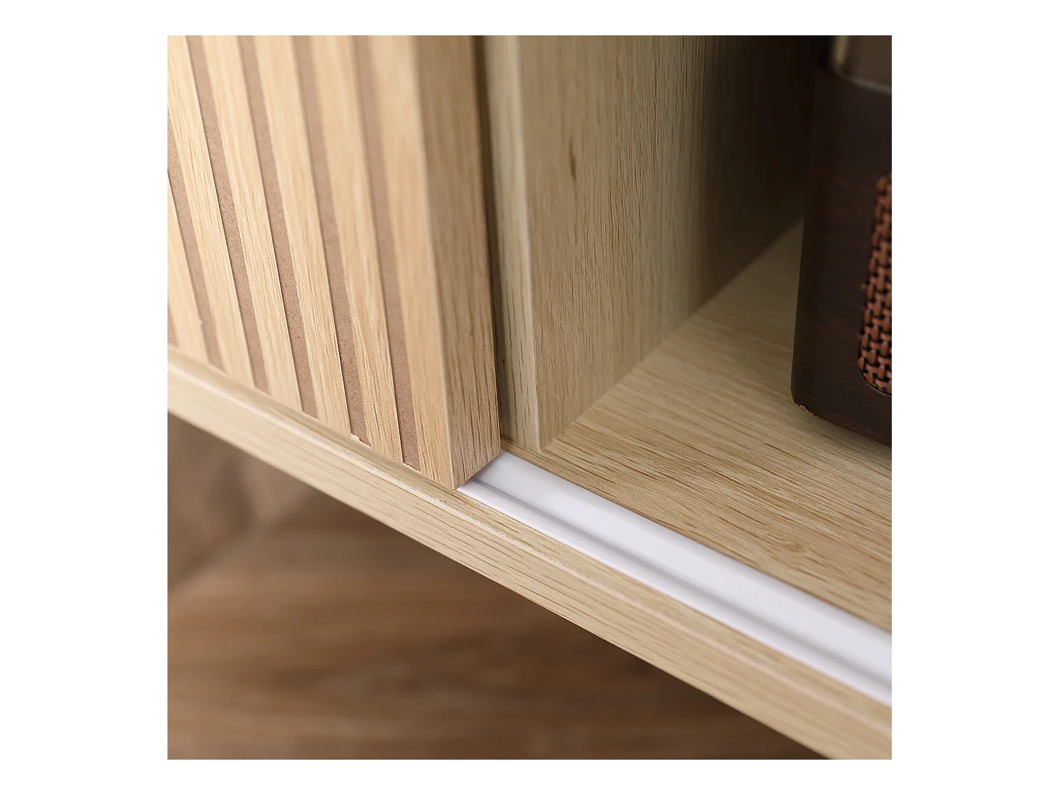 Meuble TV banc TV design Urban Craft - 2 portes coulissantes, 2 niches - piètement cylindrique - panneaux particules aspect bois clair