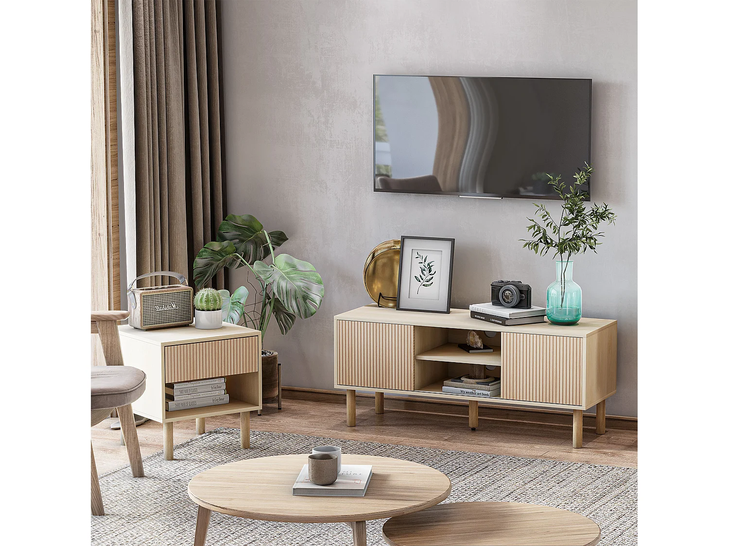 Meuble TV banc TV design Urban Craft - 2 portes coulissantes, 2 niches - piètement cylindrique - panneaux particules aspect bois clair