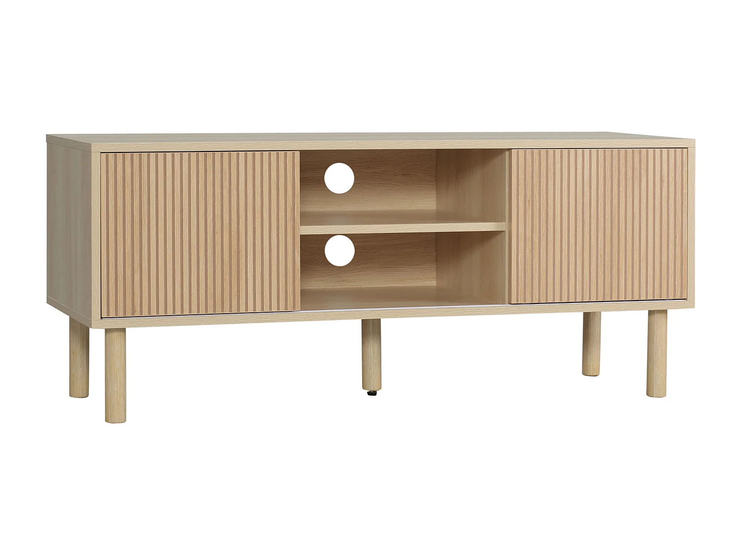 Meuble TV banc TV design Urban Craft - 2 portes coulissantes, 2 niches - piètement cylindrique - panneaux particules aspect bois clair