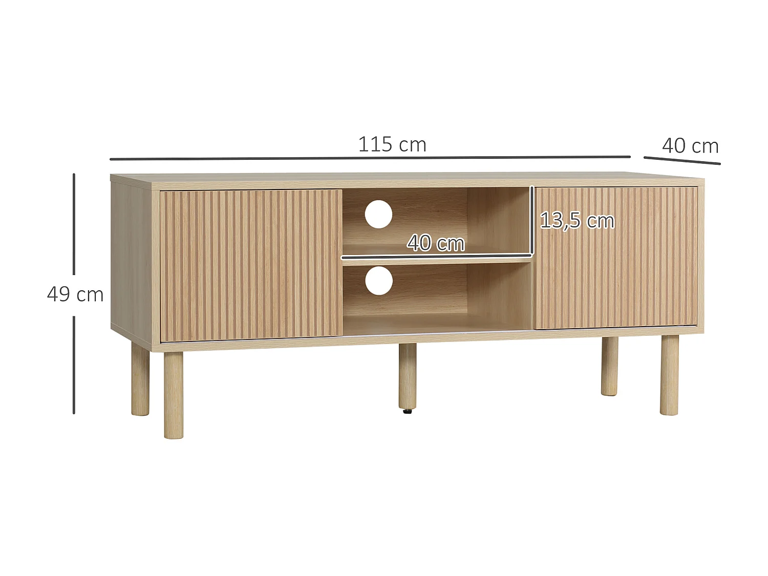Meuble TV banc TV design Urban Craft - 2 portes coulissantes, 2 niches - piètement cylindrique - panneaux particules aspect bois clair