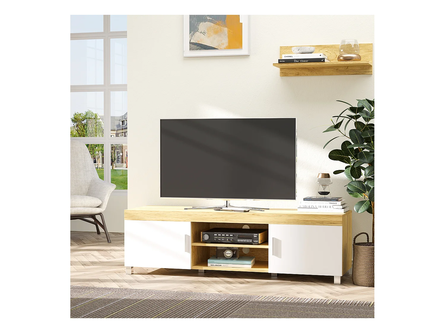 Meuble TV banc TV sur pieds 2 placards 2 niches 2 passe-fils MDF aspect chêne clair blanc
