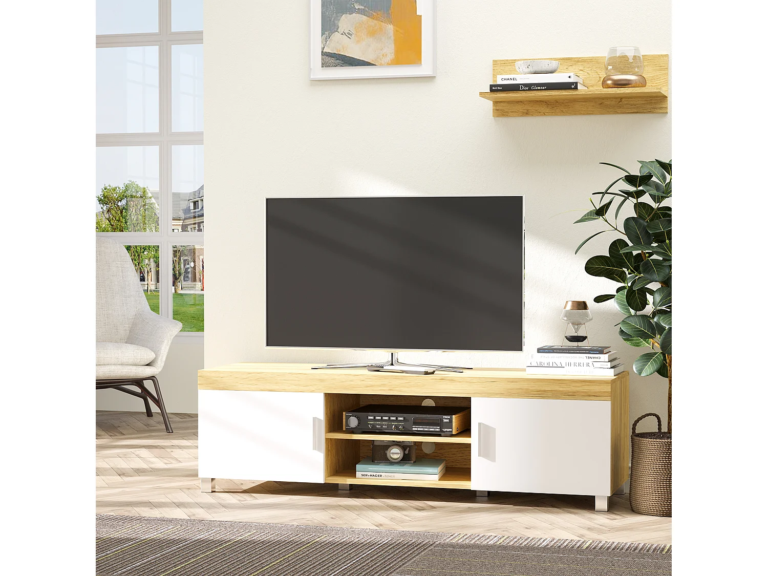 Meuble TV banc TV sur pieds 2 placards 2 niches 2 passe-fils MDF aspect chêne clair blanc