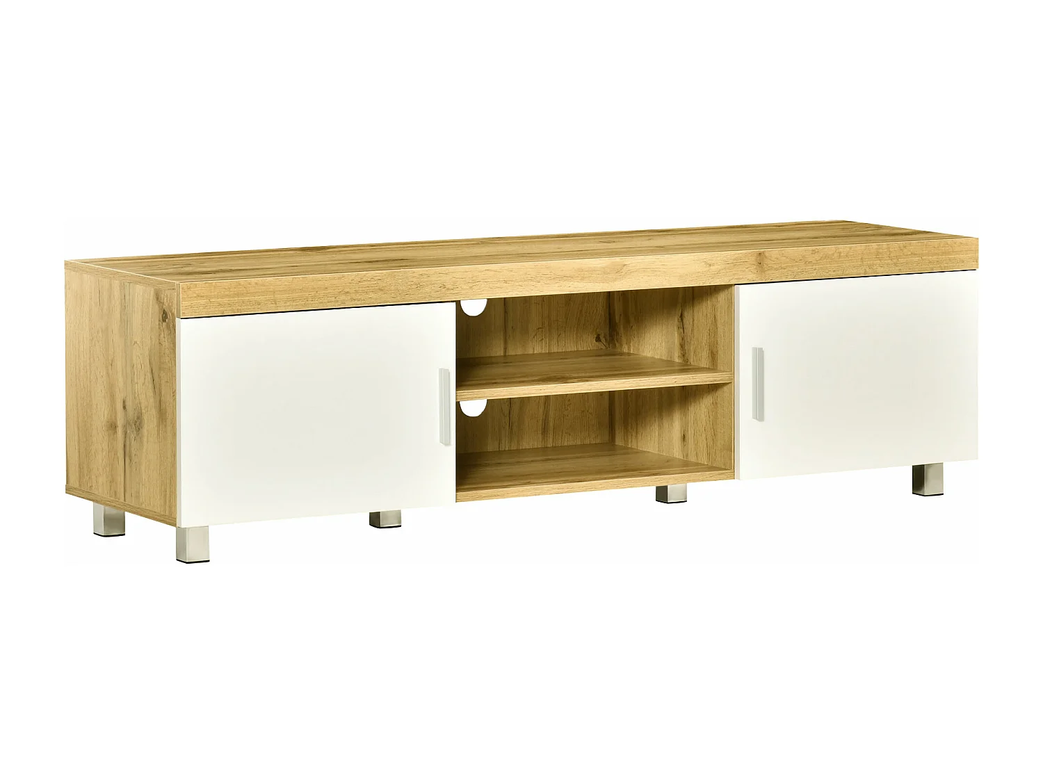 Meuble TV banc TV sur pieds 2 placards 2 niches 2 passe-fils MDF aspect chêne clair blanc