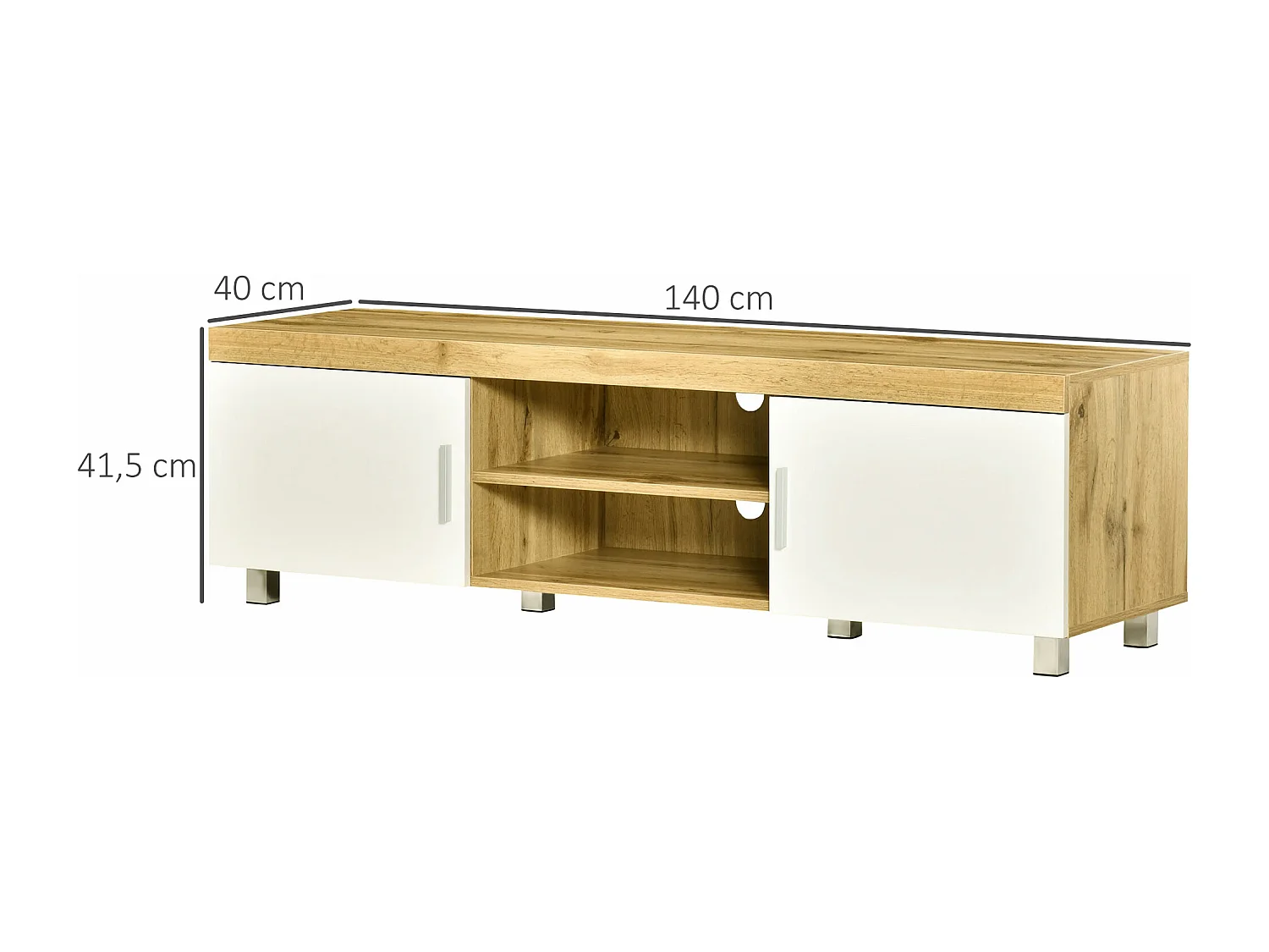 Meuble TV banc TV sur pieds 2 placards 2 niches 2 passe-fils MDF aspect chêne clair blanc