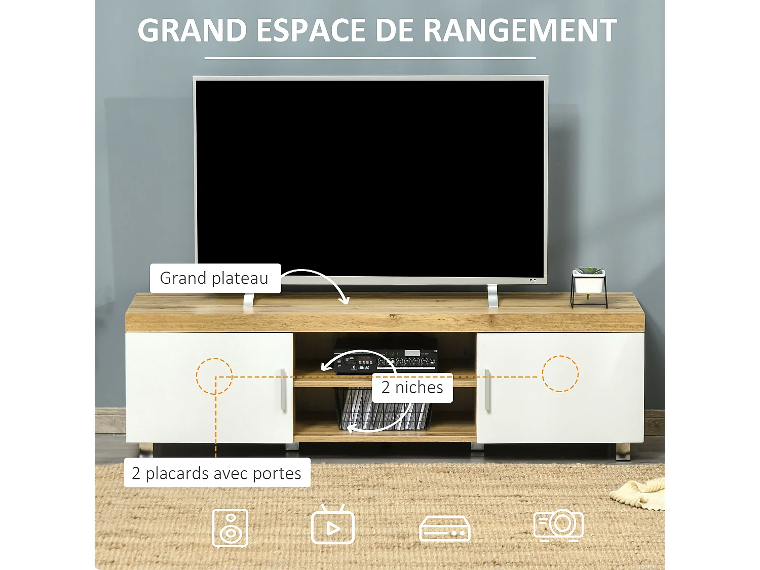 Meuble TV banc TV sur pieds 2 placards 2 niches 2 passe-fils MDF aspect chêne clair blanc