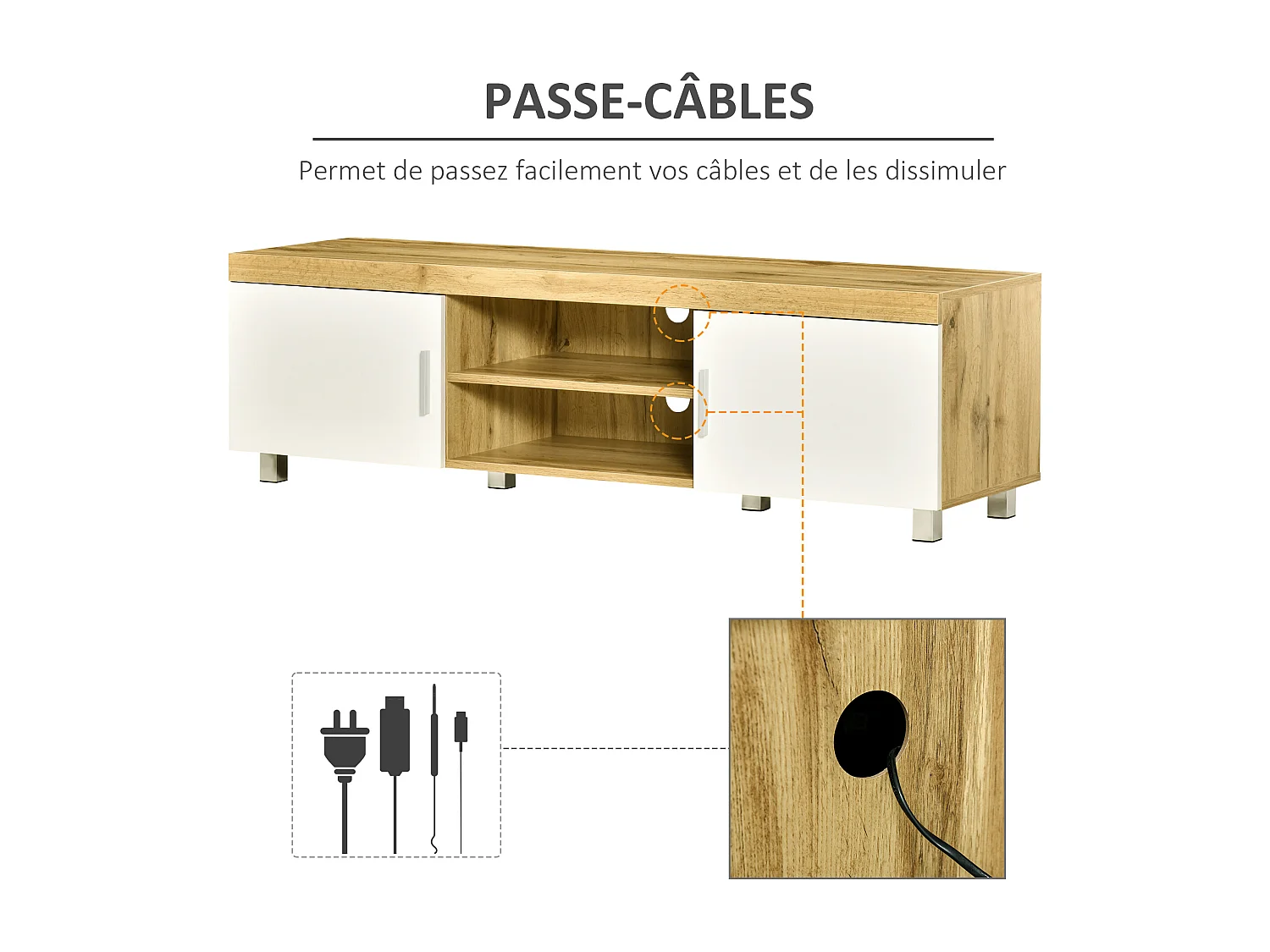 Meuble TV banc TV sur pieds 2 placards 2 niches 2 passe-fils MDF aspect chêne clair blanc