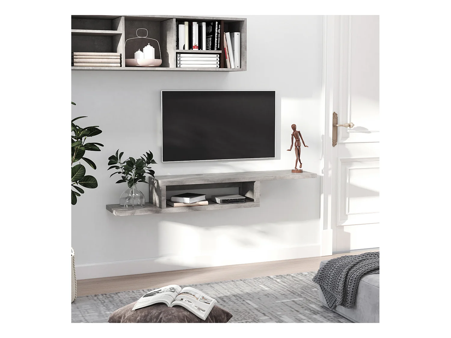 Meuble TV mural flottant design - étagère murale flottante - niche, passe-fils - panneaux particules effet béton ciré