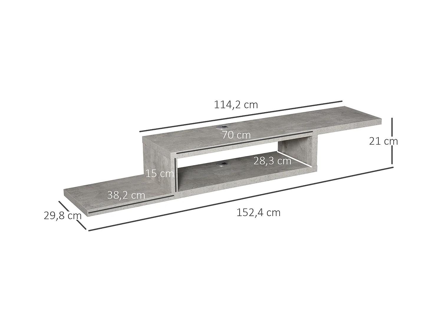 Meuble TV mural flottant design - étagère murale flottante - niche, passe-fils - panneaux particules effet béton ciré
