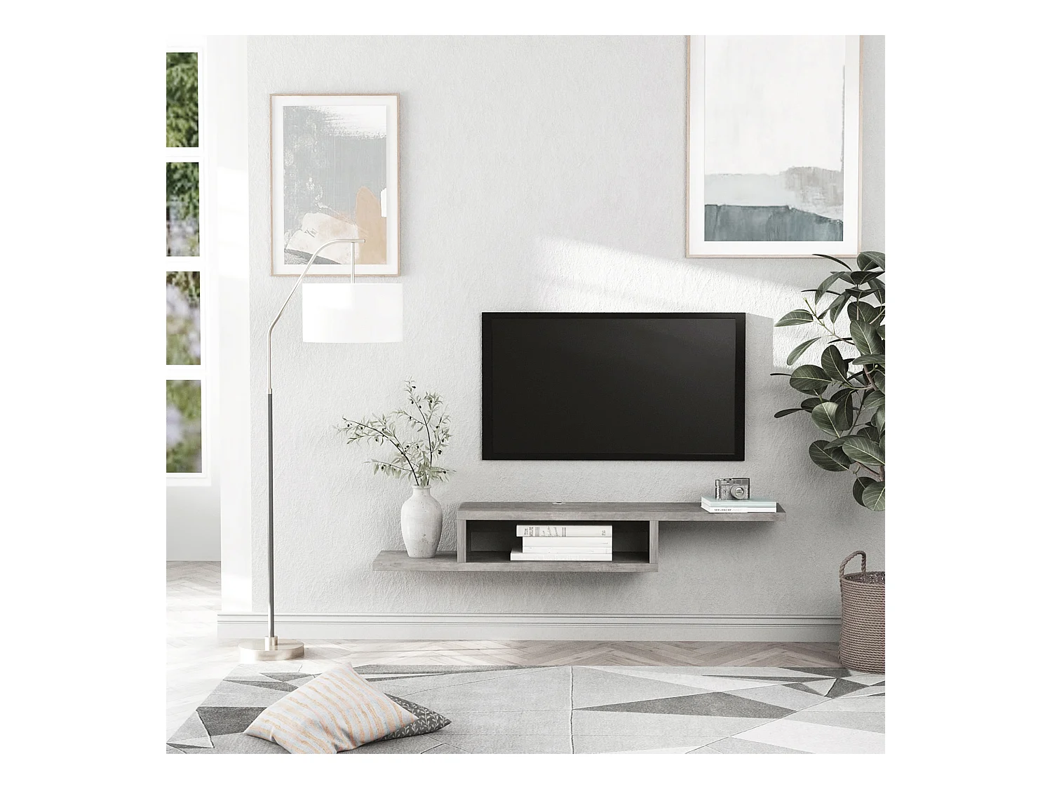 Meuble TV mural flottant design - étagère murale flottante - niche, passe-fils - panneaux particules effet béton ciré