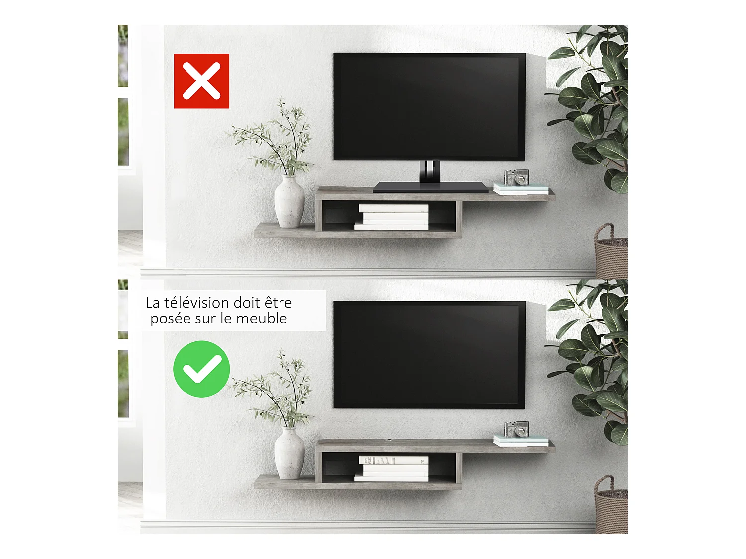 Meuble TV mural flottant design - étagère murale flottante - niche, passe-fils - panneaux particules effet béton ciré