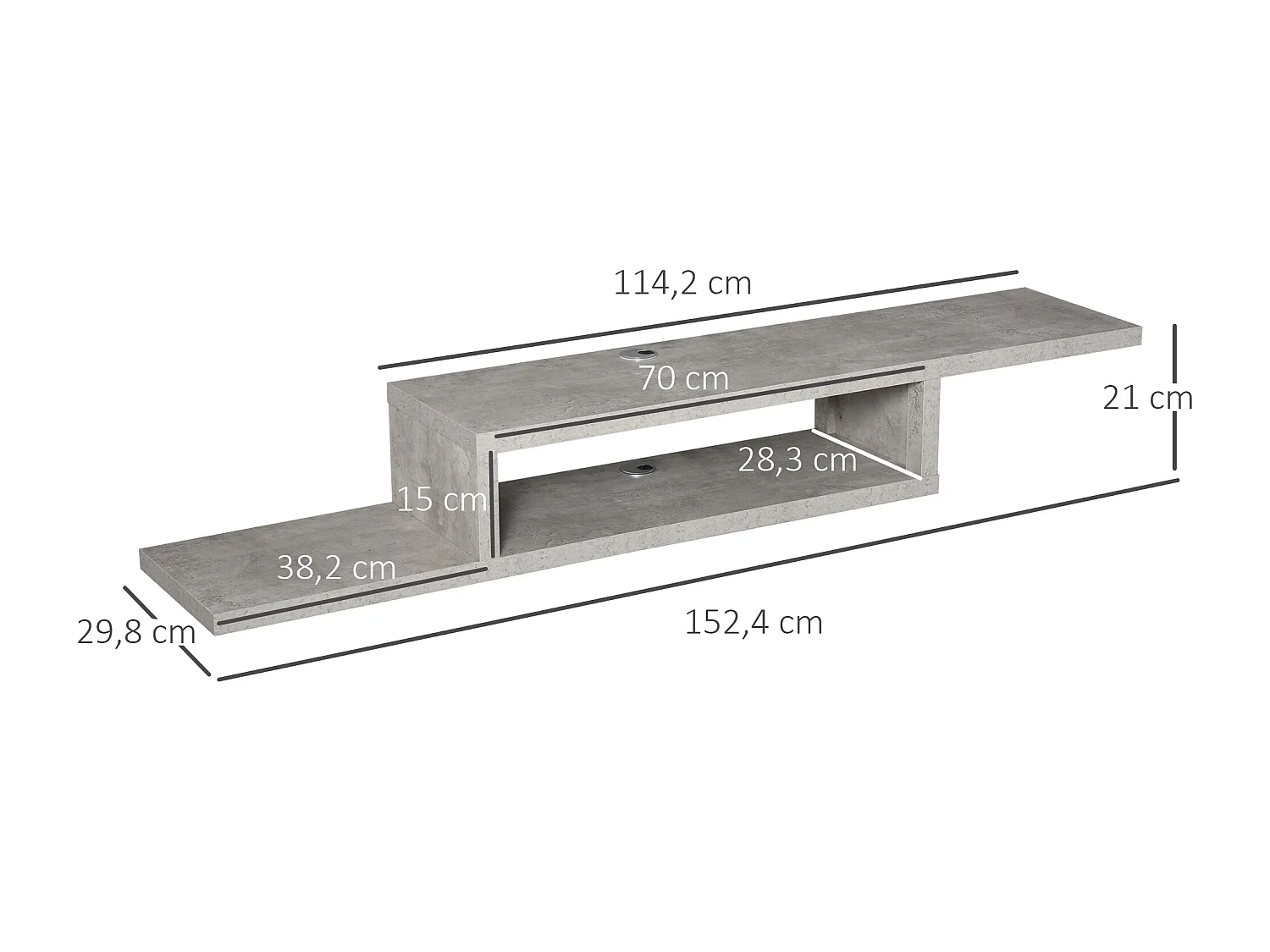 Meuble TV mural flottant design - étagère murale flottante - niche, passe-fils - panneaux particules effet béton ciré