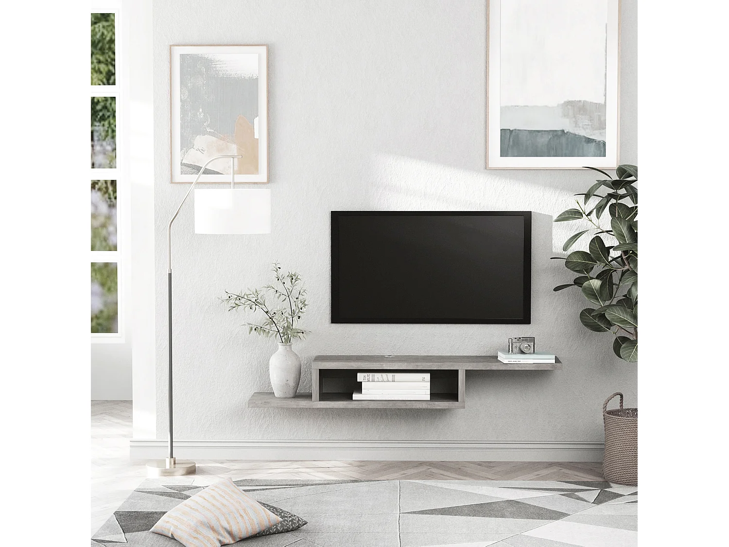 Meuble TV mural flottant design - étagère murale flottante - niche, passe-fils - panneaux particules effet béton ciré