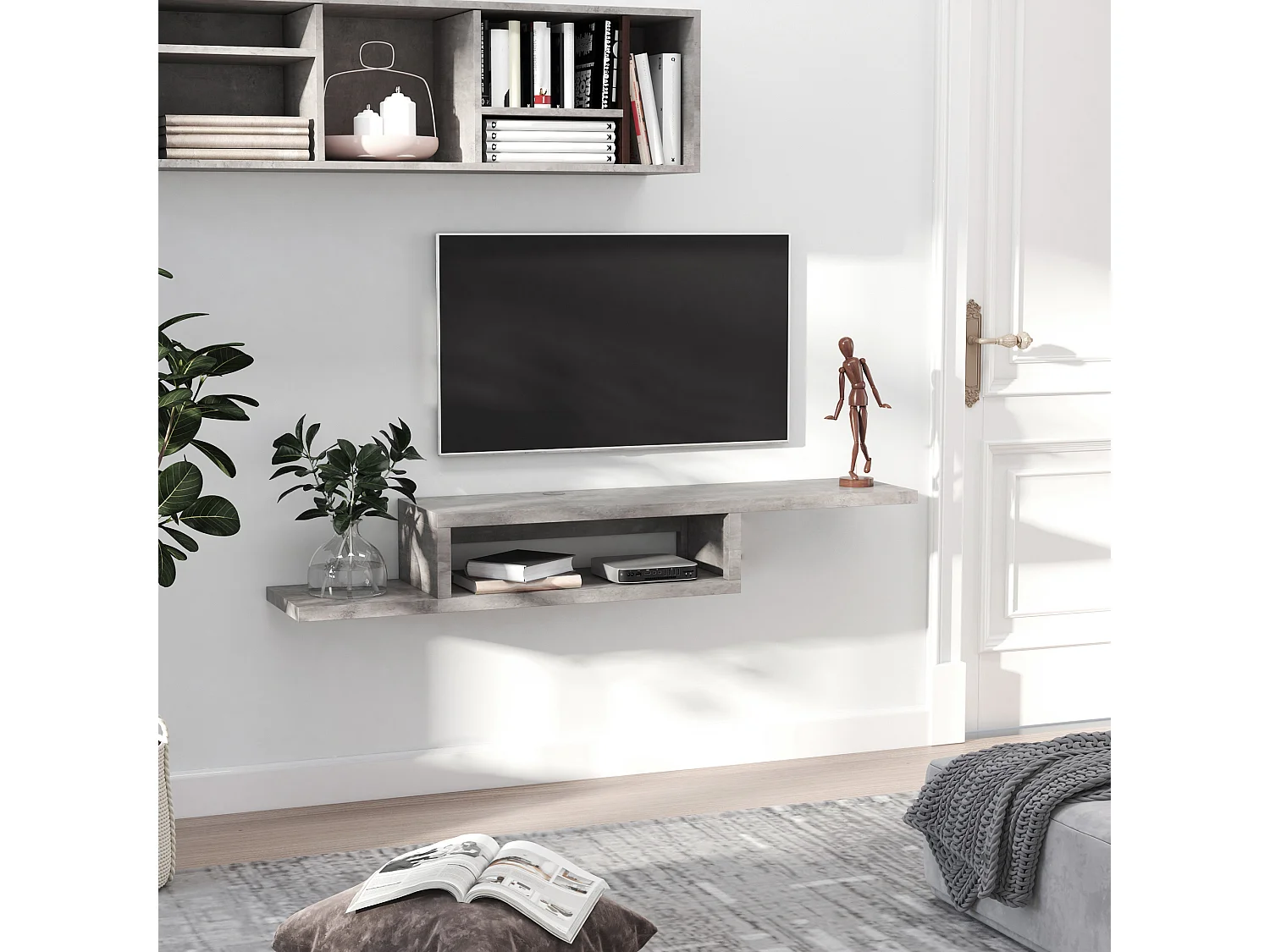 Meuble TV mural flottant design - étagère murale flottante - niche, passe-fils - panneaux particules effet béton ciré