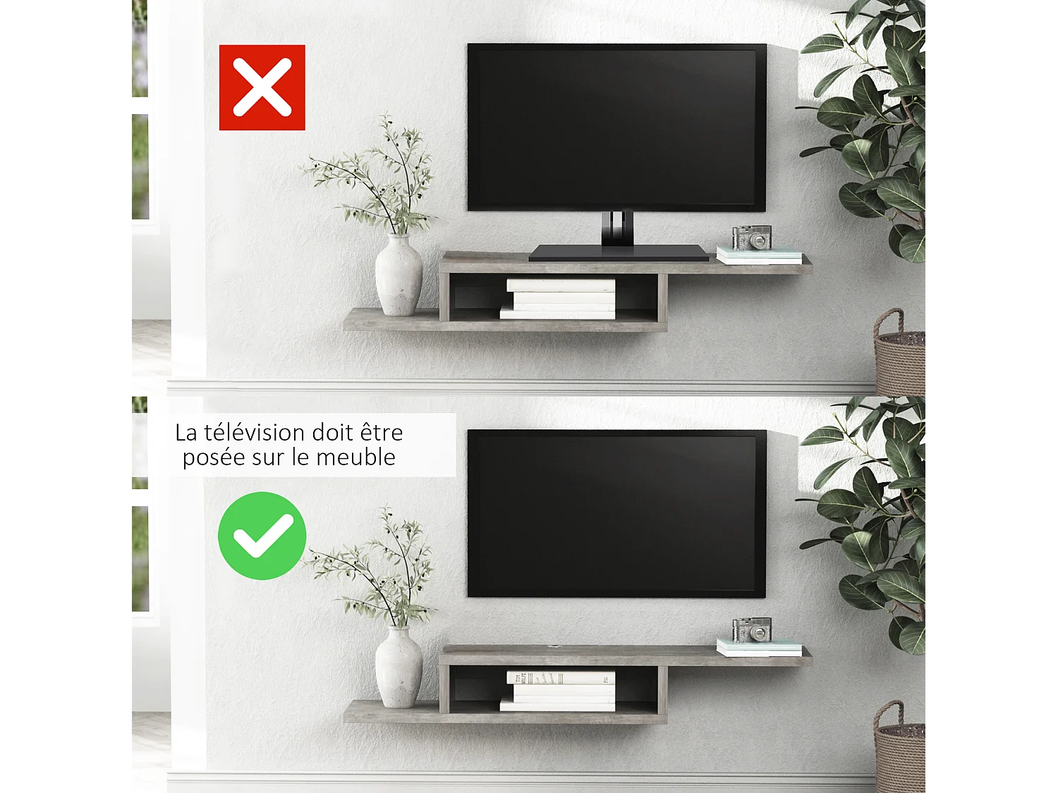 Meuble TV mural flottant design - étagère murale flottante - niche, passe-fils - panneaux particules effet béton ciré