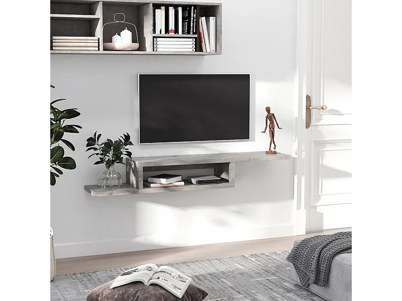 Meuble TV mural flottant design - étagère murale flottante - niche, passe-fils - panneaux particules effet béton ciré