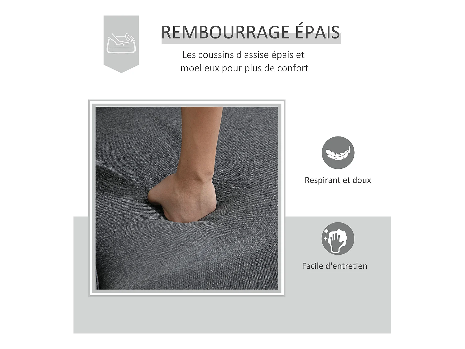 Canapé 2 places style contemporain assises larges profondes accoudoirs courbés piètement effilé bois hévéa noir polyester gris foncé