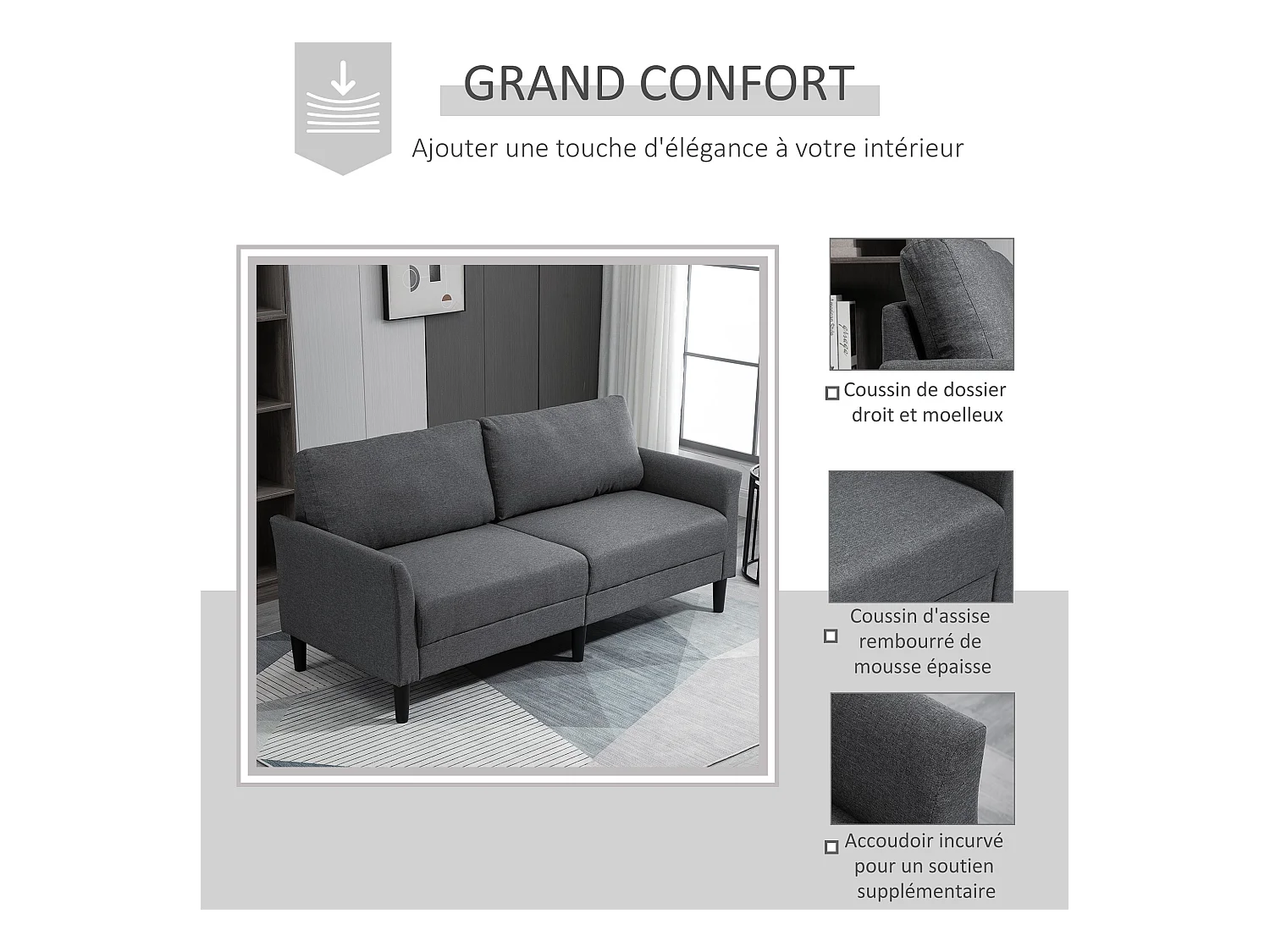 Canapé 2 places style contemporain assises larges profondes accoudoirs courbés piètement effilé bois hévéa noir polyester gris foncé