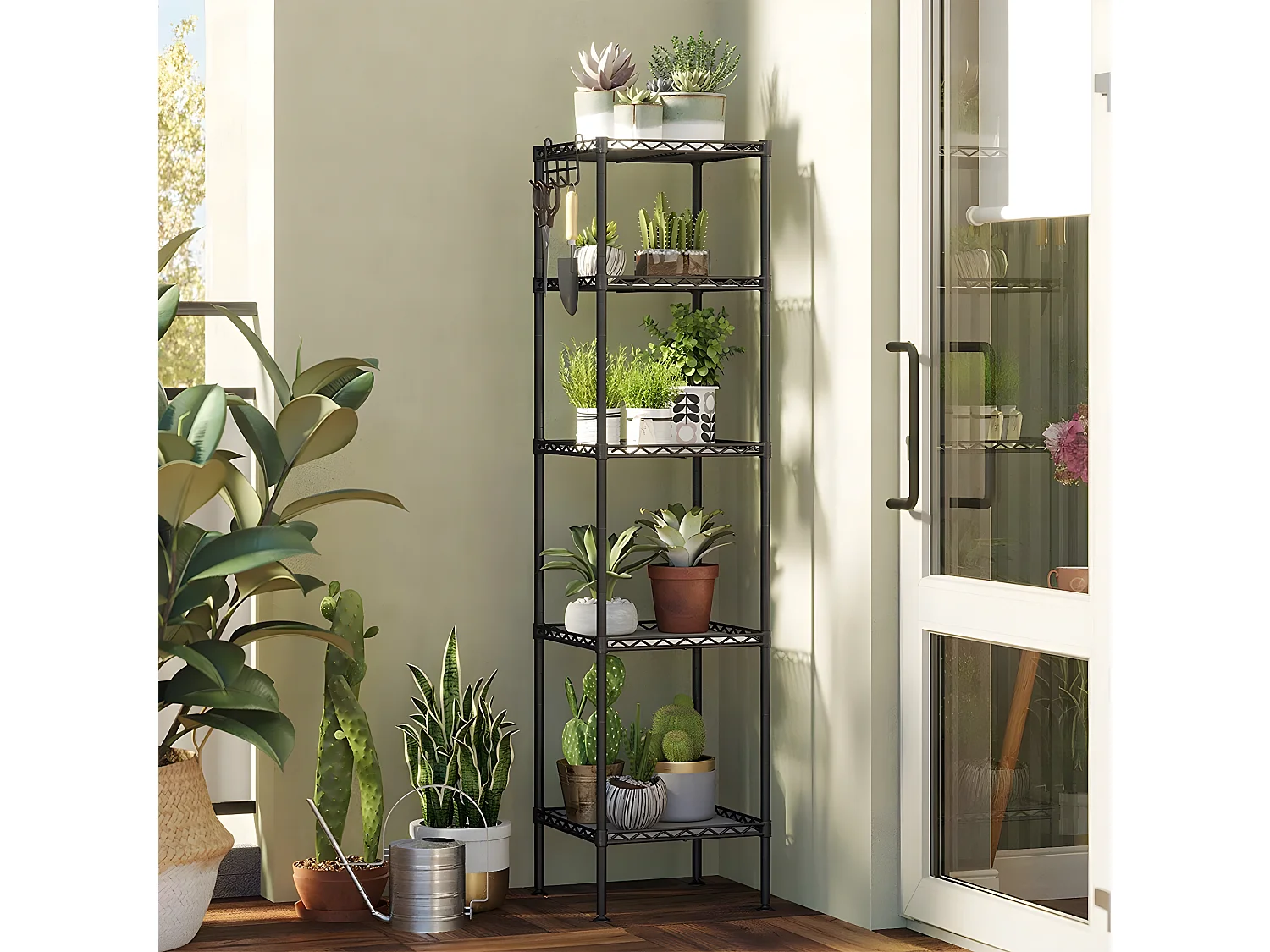 Metalen zwart rek met modulair opbergrooster - L30 x H121 cm