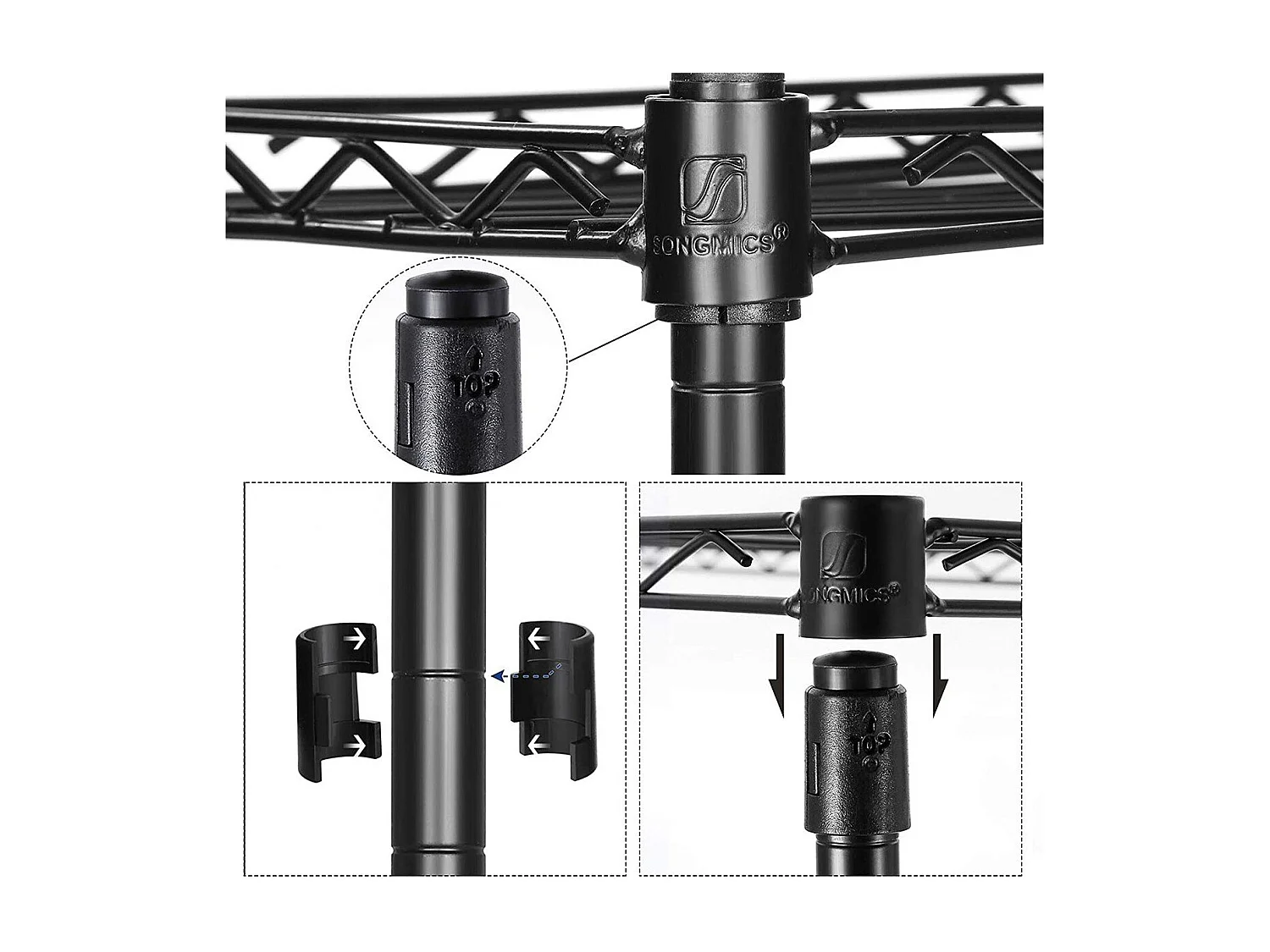 Metalen zwart rek met modulair opbergrooster - L30 x H121 cm