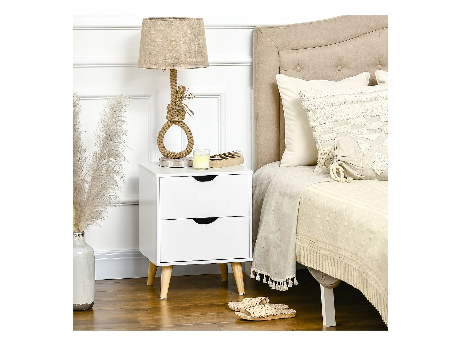 Chevet table de nuit design scandinave 2 tiroirs piètement bois pin panneaux particules blanc