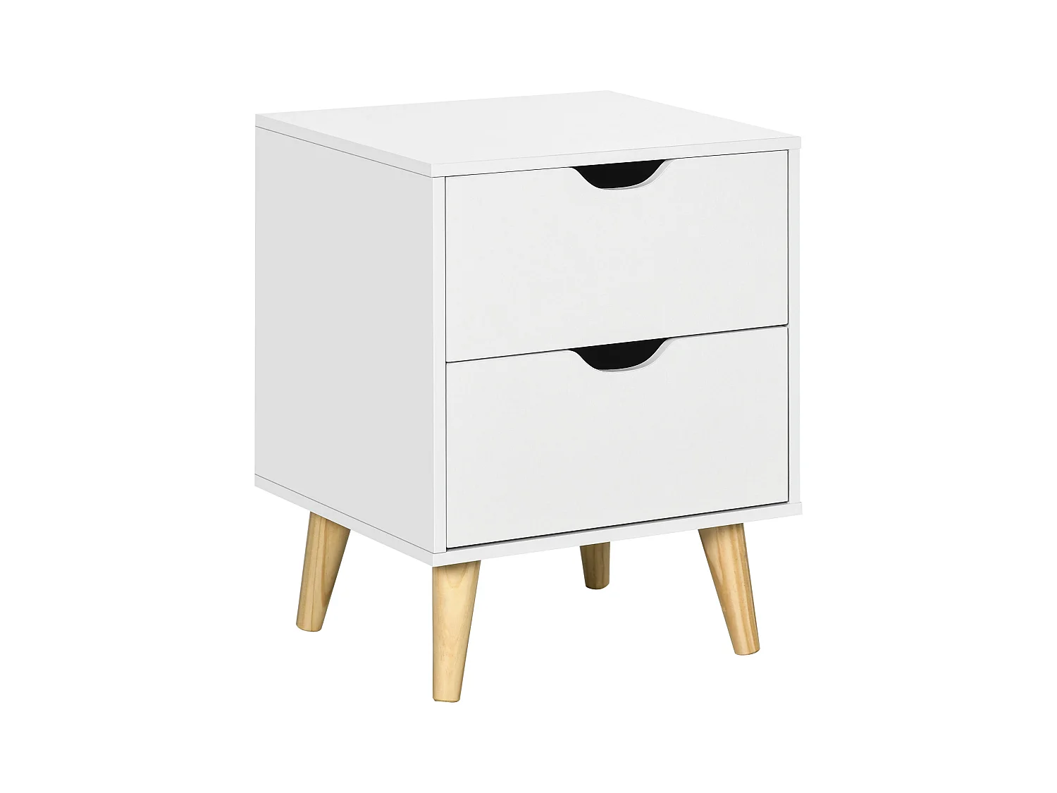 Chevet table de nuit design scandinave 2 tiroirs piètement bois pin panneaux particules blanc