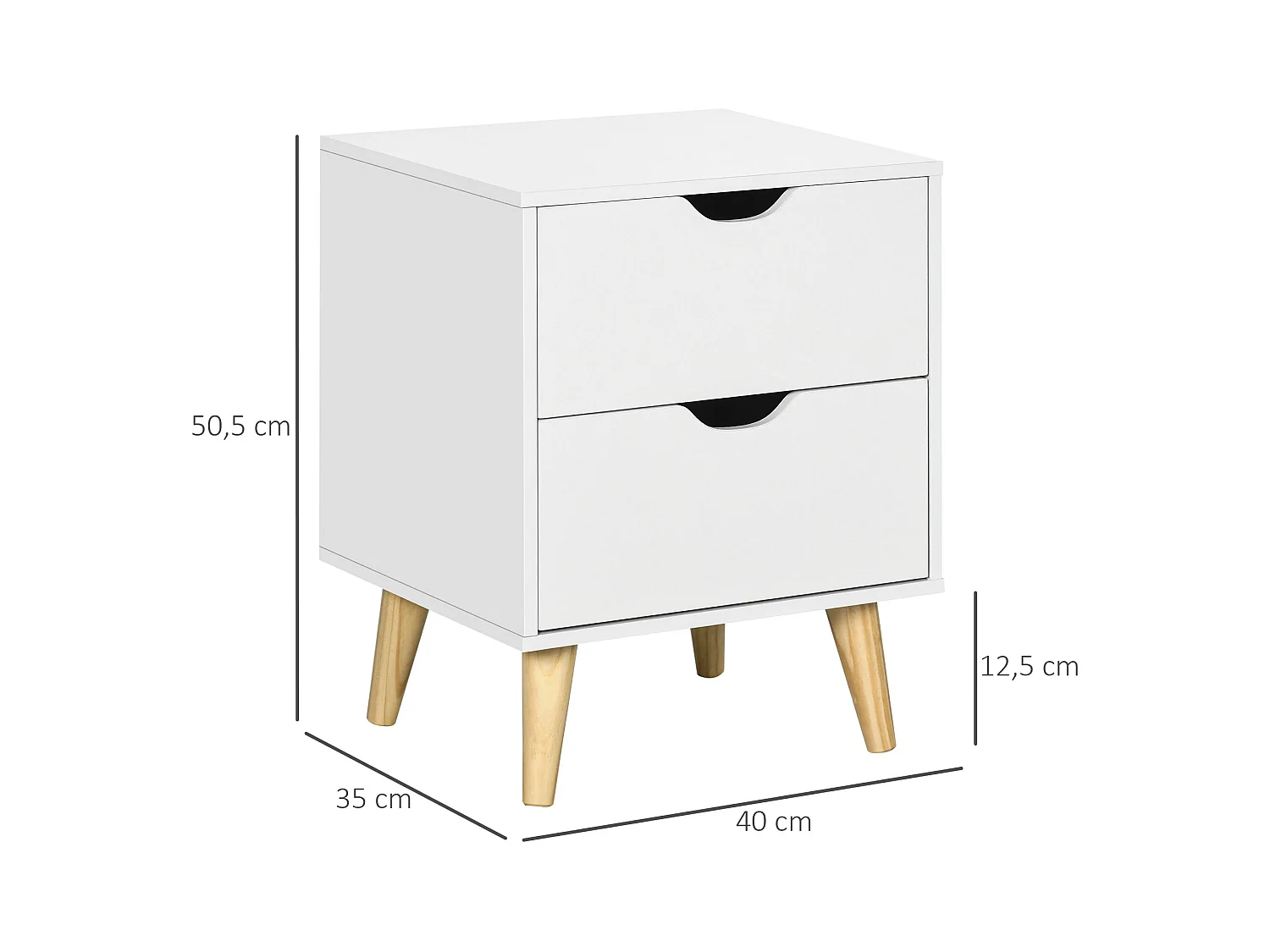 Chevet table de nuit design scandinave 2 tiroirs piètement bois pin panneaux particules blanc