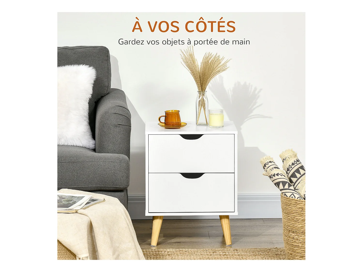Chevet table de nuit design scandinave 2 tiroirs piètement bois pin panneaux particules blanc