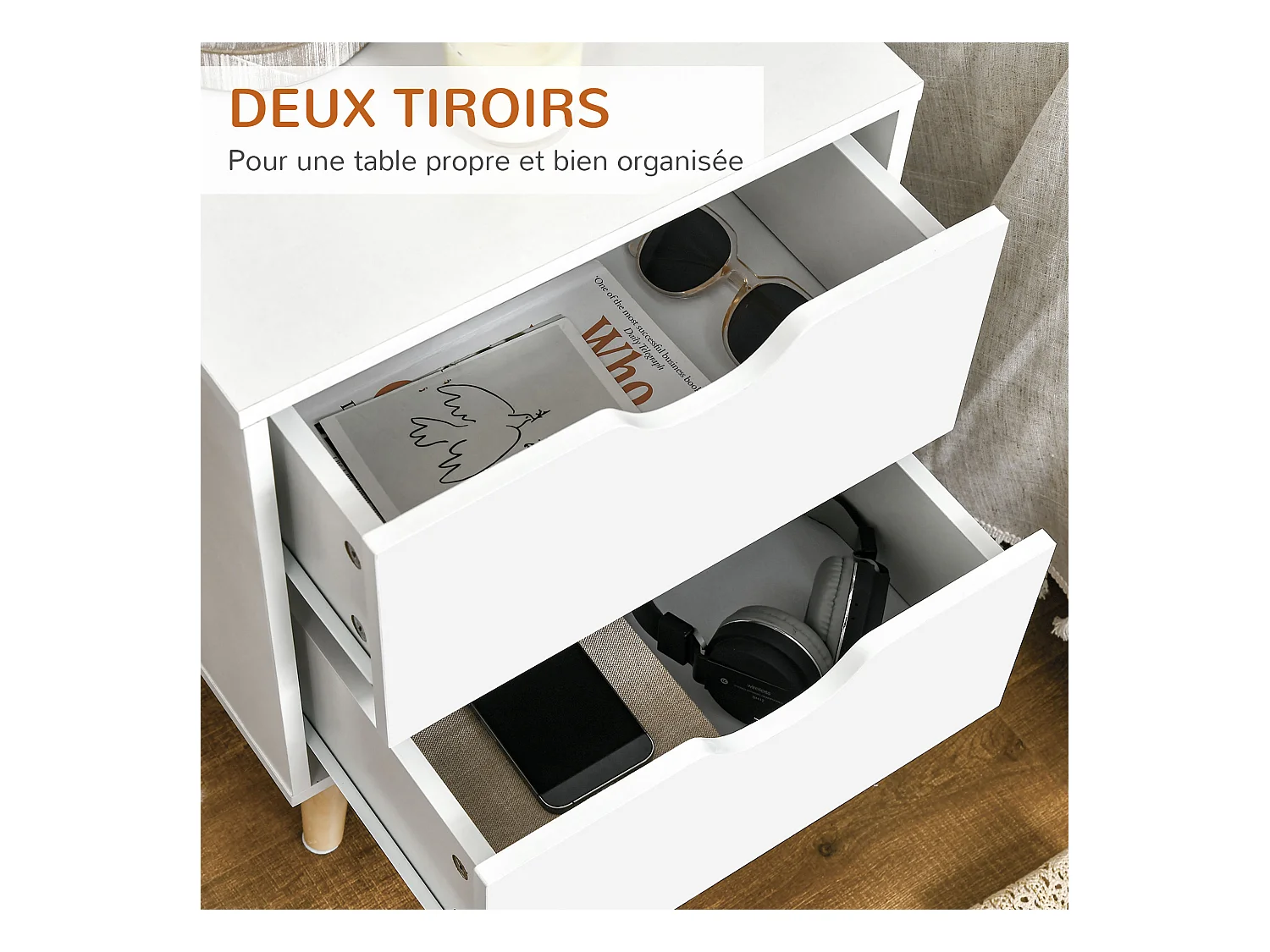 Chevet table de nuit design scandinave 2 tiroirs piètement bois pin panneaux particules blanc