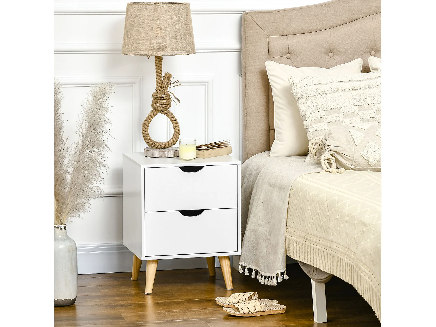 Chevet table de nuit design scandinave 2 tiroirs piètement bois pin panneaux particules blanc