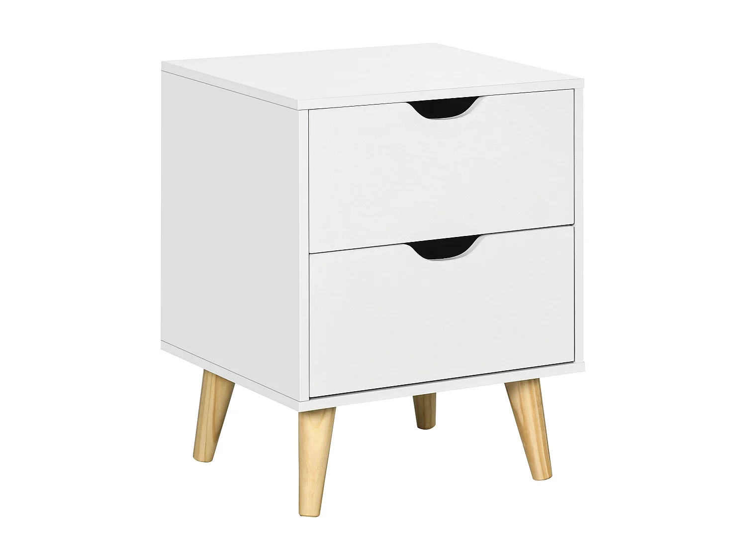 Chevet table de nuit design scandinave 2 tiroirs piètement bois pin panneaux particules blanc