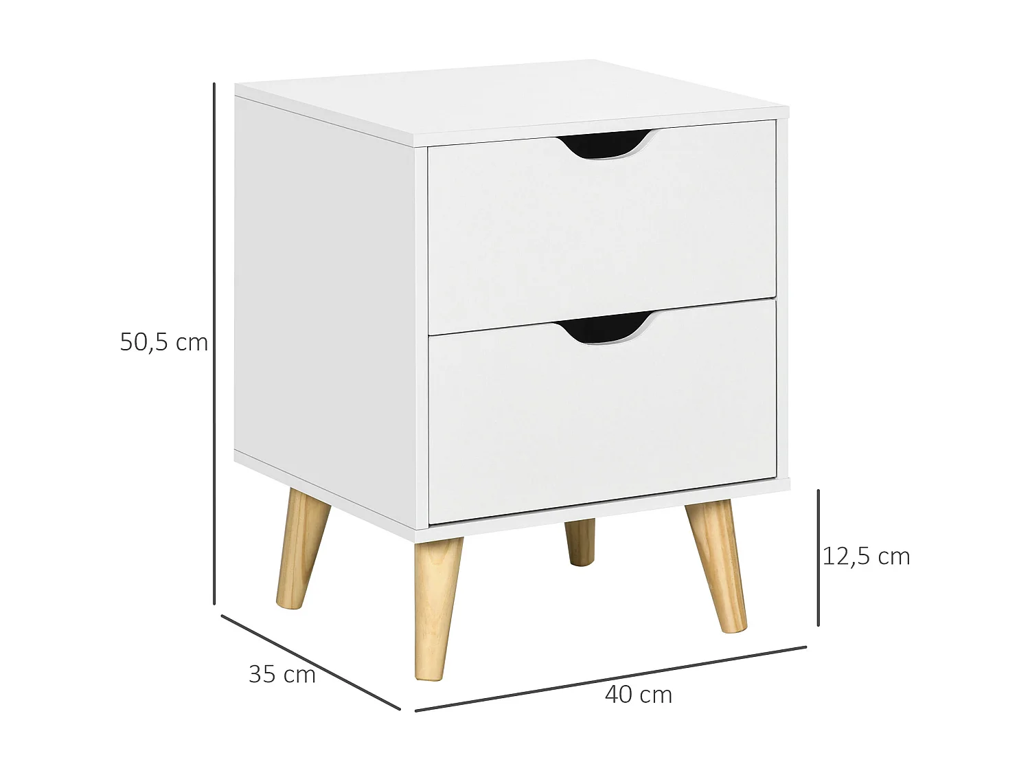 Chevet table de nuit design scandinave 2 tiroirs piètement bois pin panneaux particules blanc